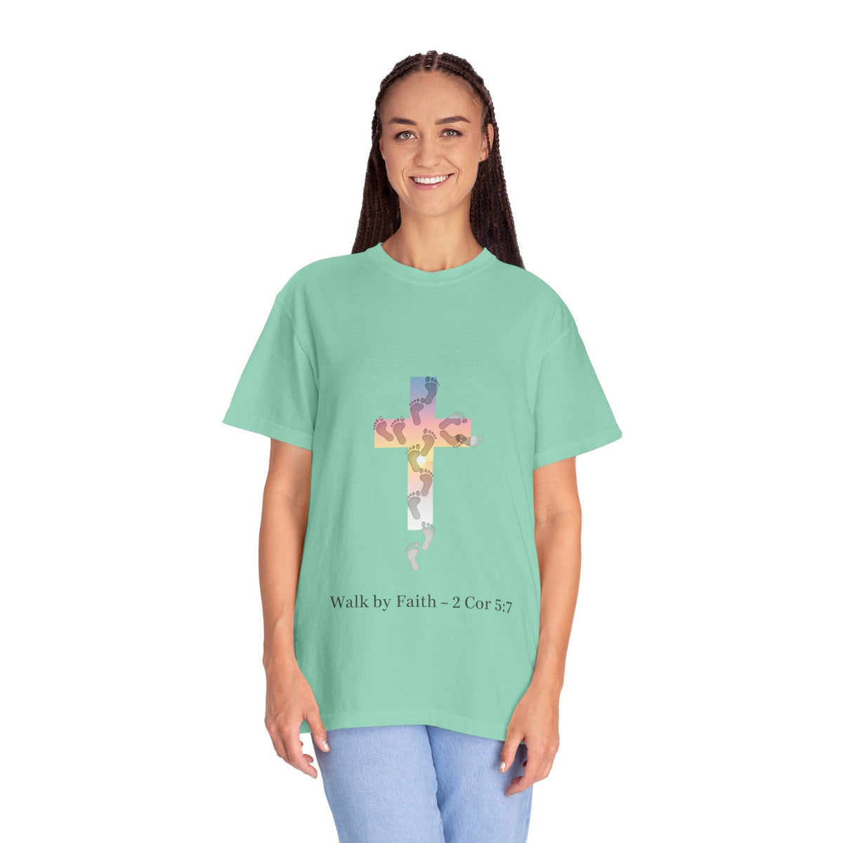 Walk by Faith T-Shirt – Cross & Footprints Christian Tee for Bold Believers Printify