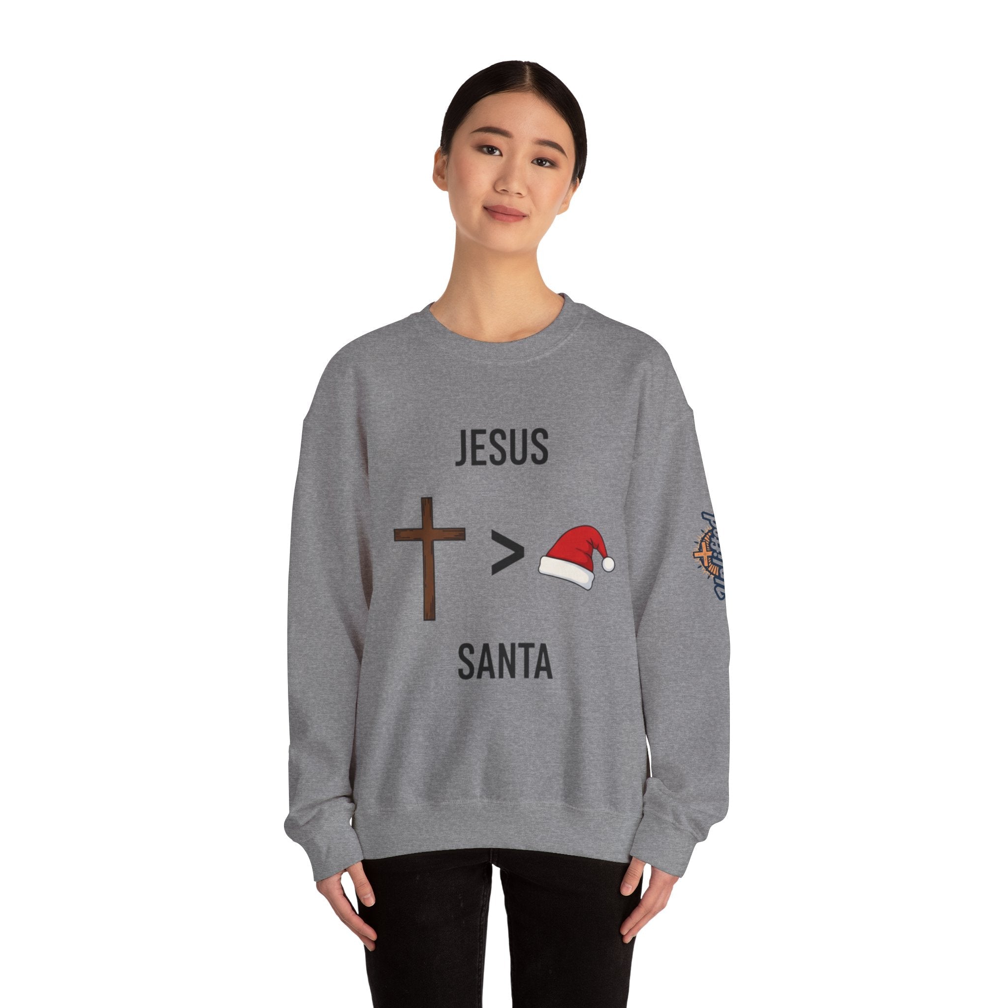 🎄 Jesus > Santa – Minimalist Christian Christmas Sweatshirt | Bold Faith Over Holiday Tee | Cross vs Santa Hat Design | Uplifted Gear Printify