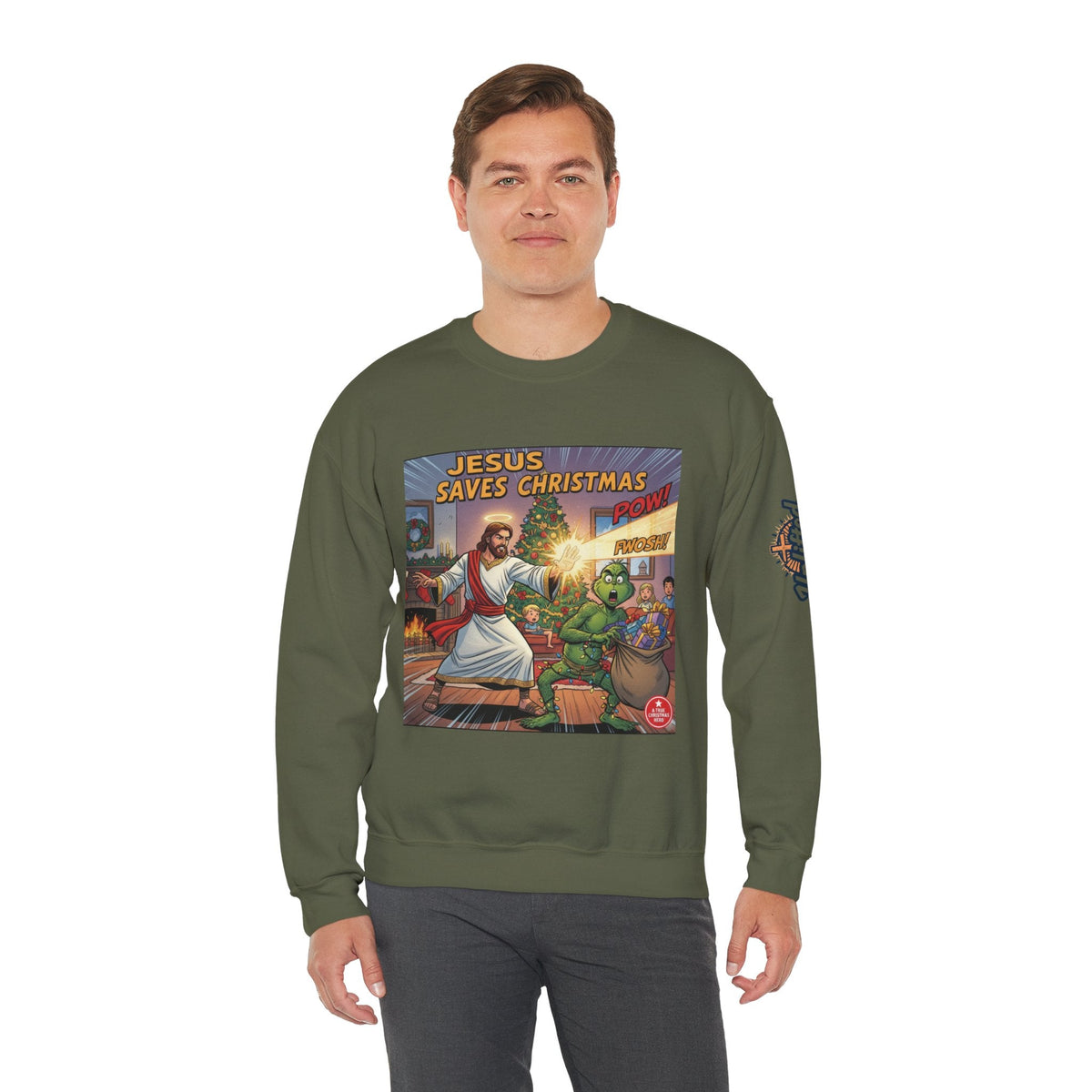 Jesus Saves Christmas Sweatshirt – Grinch vs Savior Light Battle Christian Sweatshirt for Hilarious Holiday Faith & True Joy Printify