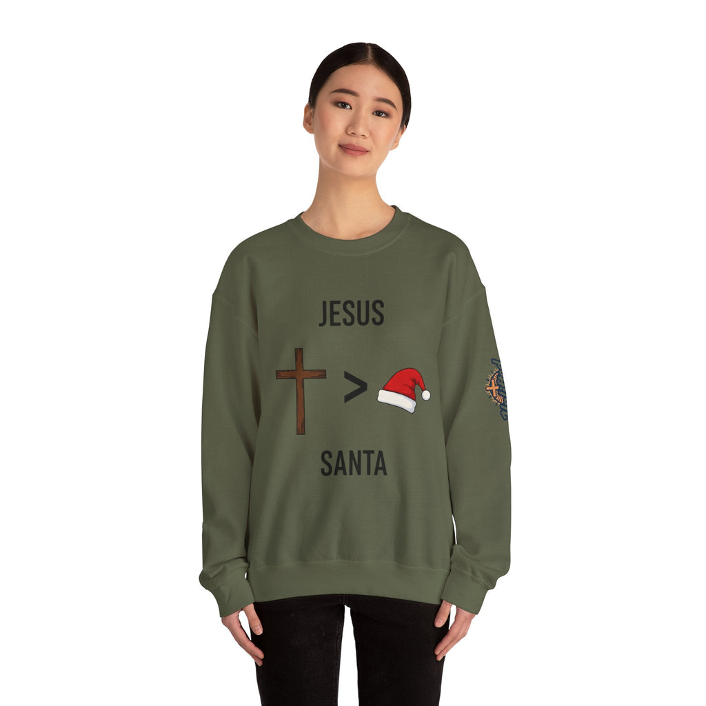 🎄 Jesus > Santa – Minimalist Christian Christmas Sweatshirt | Bold Faith Over Holiday Tee | Cross vs Santa Hat Design | Uplifted Gear Printify