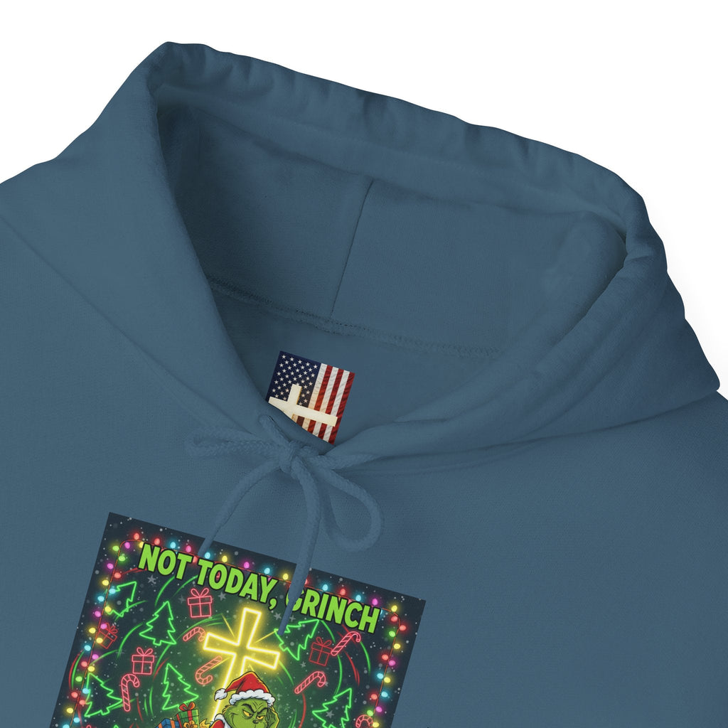 🎄 Not Today, Grinch – Jesus Saves | Funny Christian Christmas Hoodie | Festive Green & Red Cartoon Style | Bold Faith Holiday Tee by Uplifted Gear Printify