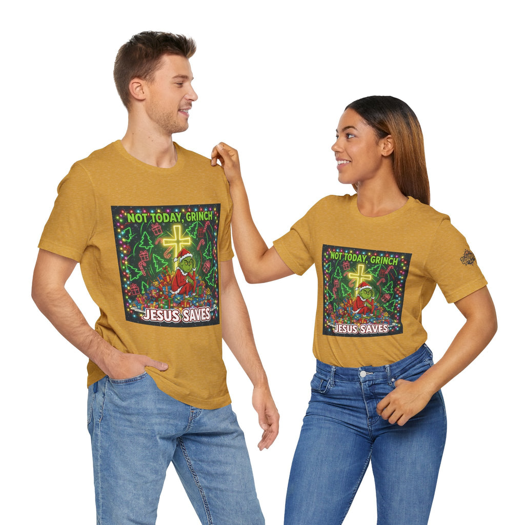 🎄 Not Today, Grinch – Jesus Saves | Funny Christian Christmas T-Shirt | Festive Green & Red Cartoon Style | Bold Faith Holiday Tee by Uplifted Gear Printify