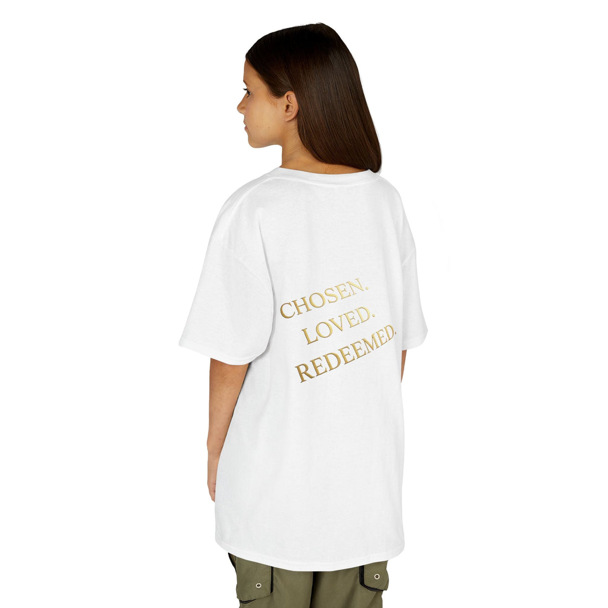 ✨ Chosen. Loved. Redeemed. – Elegant Christian Kids T-Shirt | Gold Foil Faith Tee | Subtle Cross & Heart Design | Inspirational Bible Verse Apparel by Uplifted Gear Printify