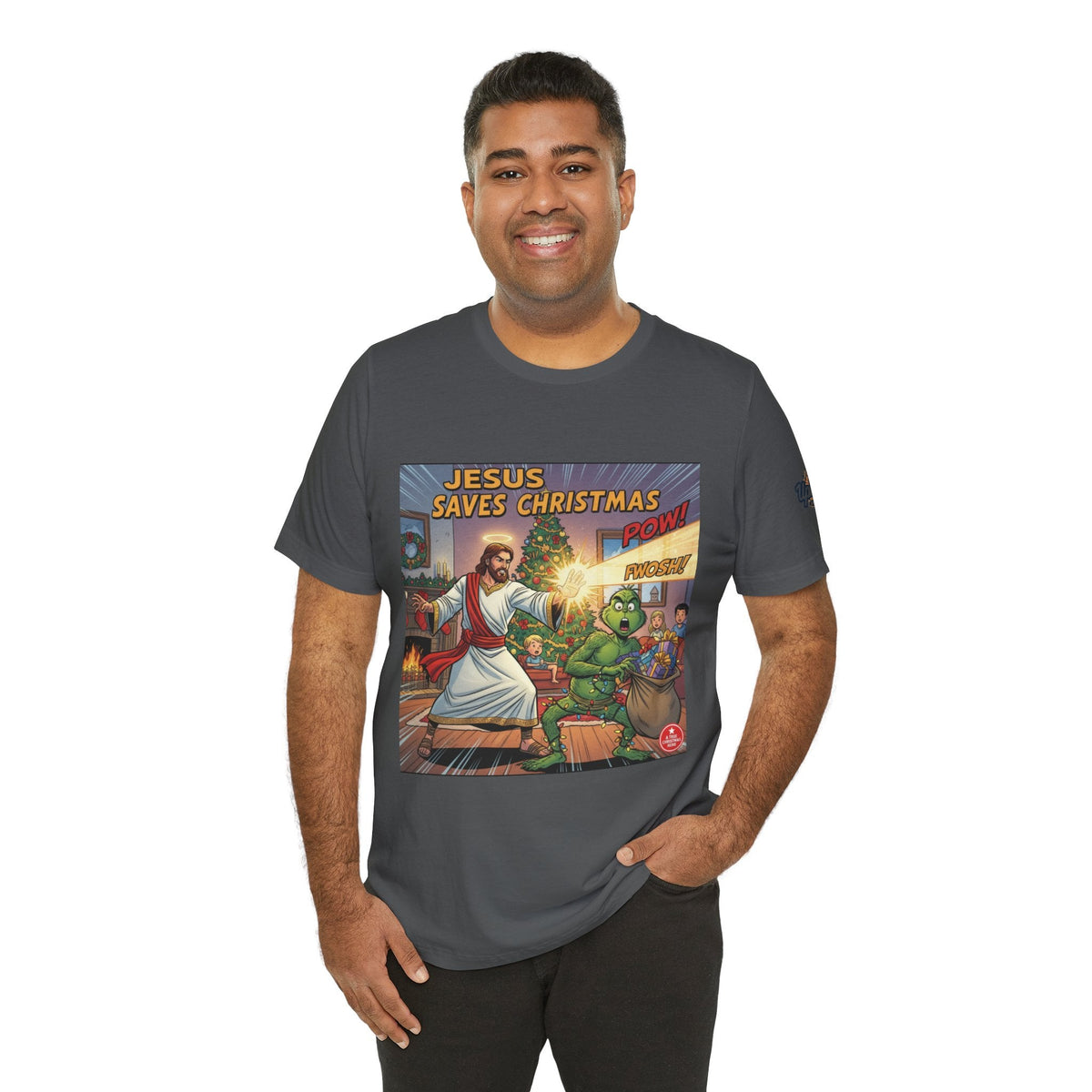 Jesus Saves Christmas T-shirt – Grinch vs Savior Light Battle Christian T-shirt for Hilarious Holiday Faith & True Joy Printify