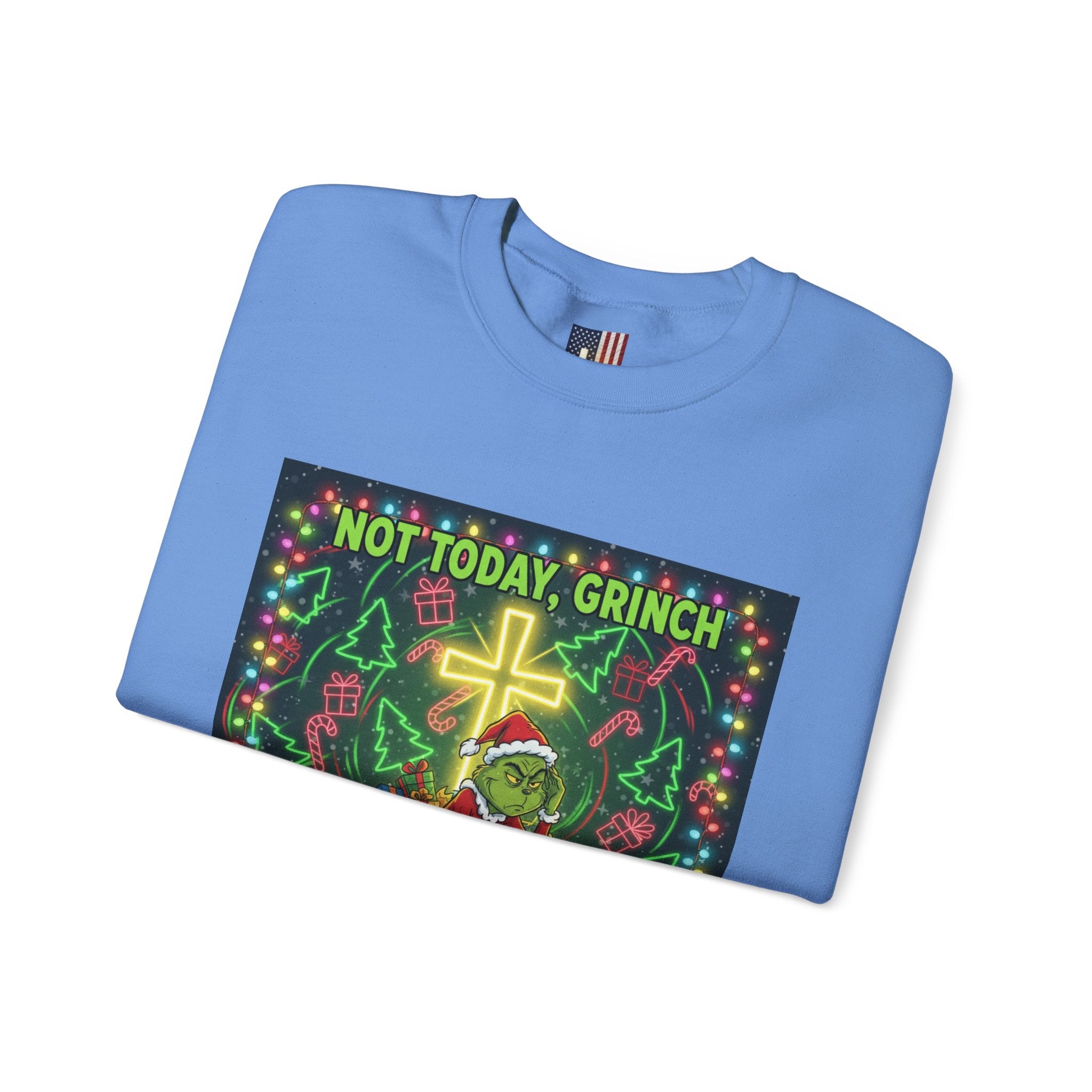 🎄 Not Today, Grinch – Jesus Saves | Funny Christian Christmas Sweatshirt | Festive Green & Red Cartoon Style | Bold Faith Holiday Tee by Uplifted Gear Printify