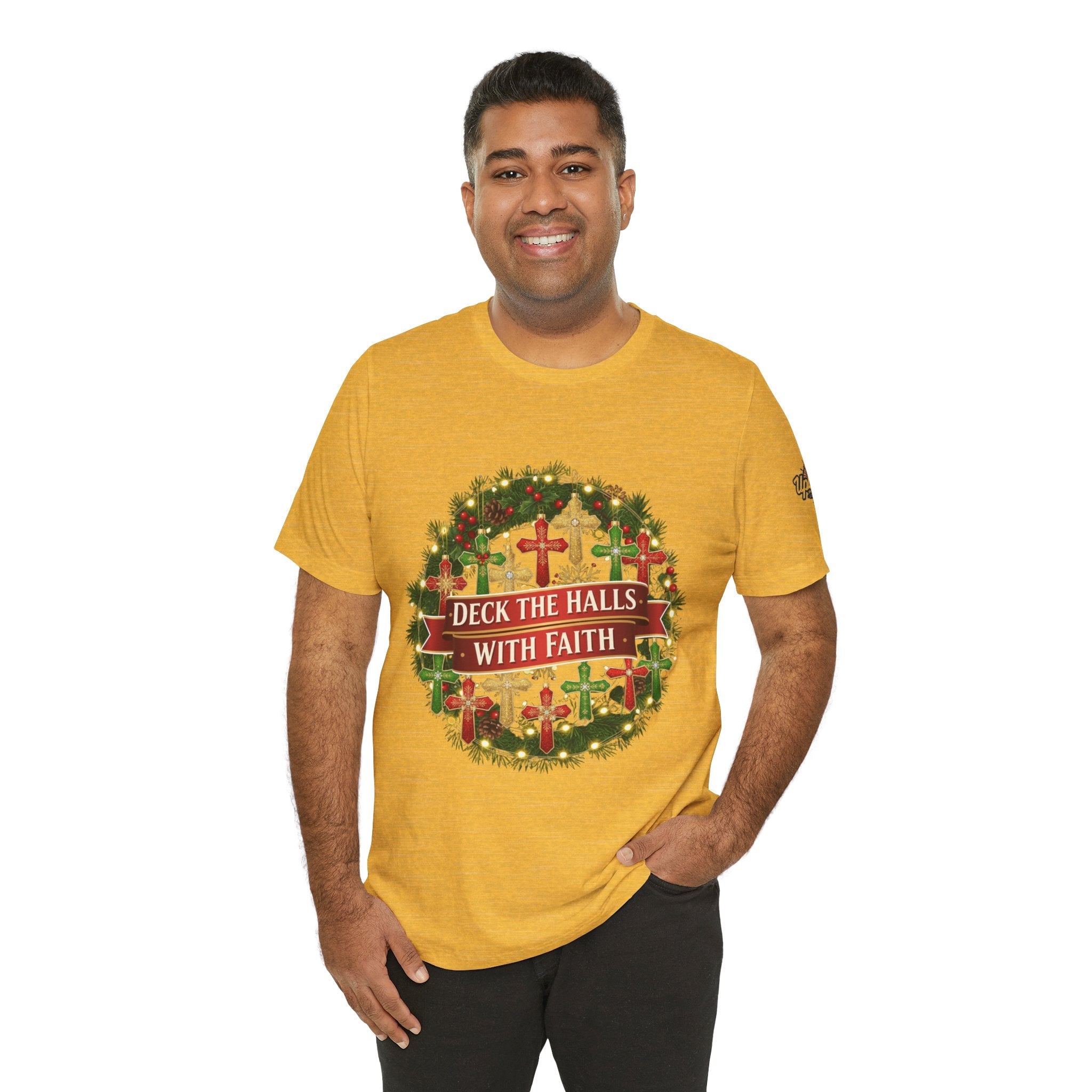 🎄 Deck the Halls with Faith – Christian Christmas T-Shirt | Cross Ornament Design & Festive Garland | Bold Holiday Faith Tee by Uplifted Gear Printify