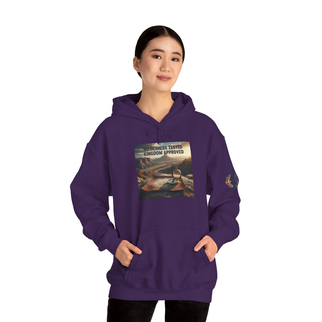 Wilderness Tested Kingdom Approved Hoodie – Mountain Desert Compass Crown Christian Sweatshirt for Biblical Adventure Faith Printify