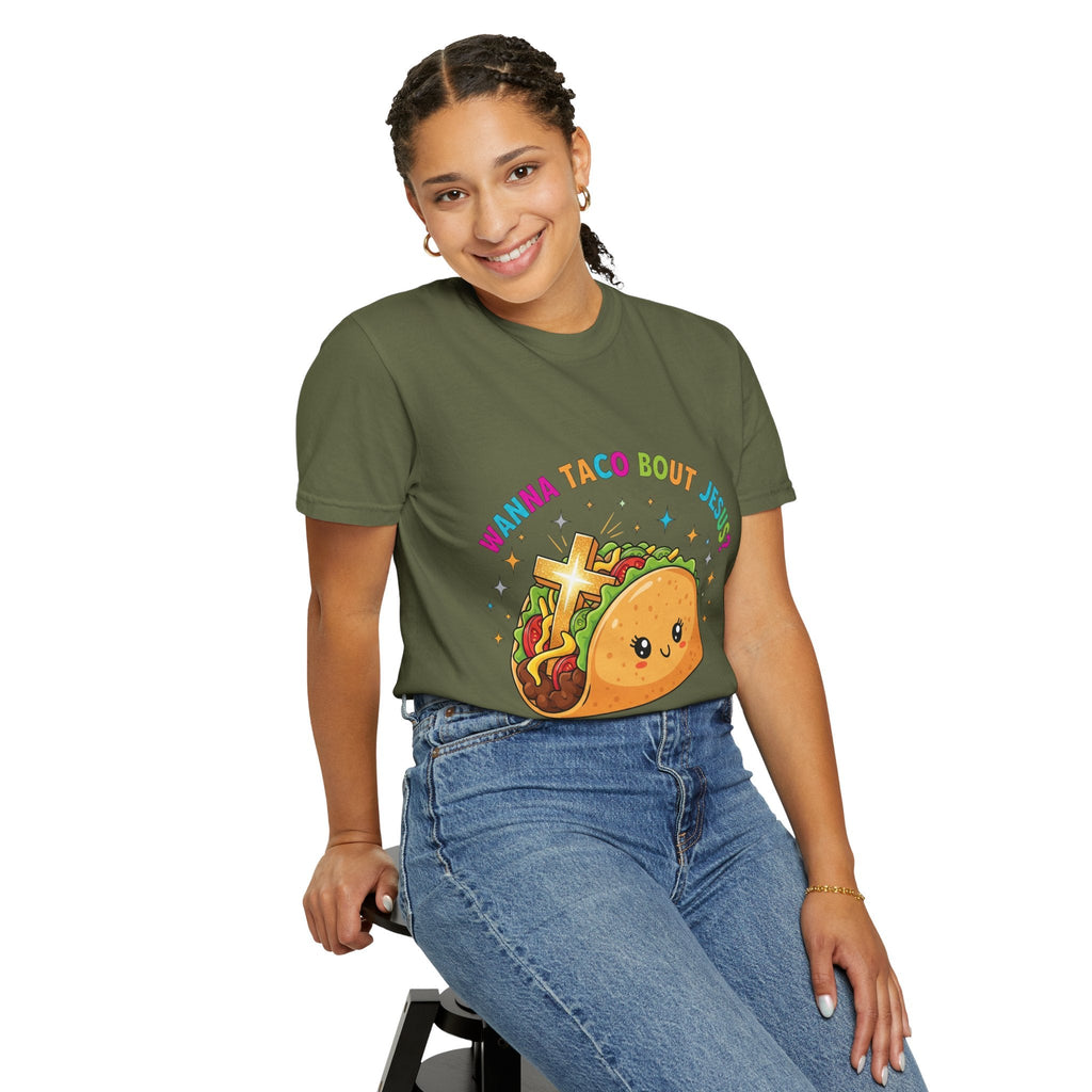 Wanna Taco 'Bout Jesus? Funny Christian Pun T-Shirt – Lettuce Pray & Share Faith! Printify