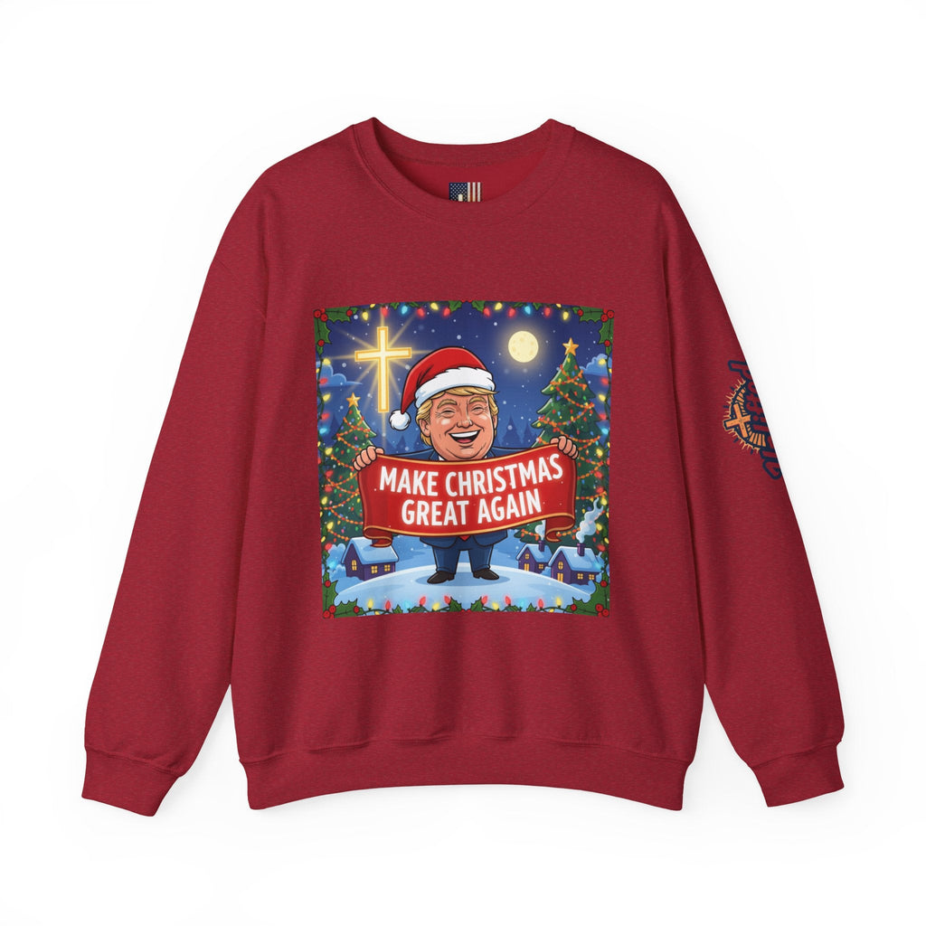 🎄 Make Christmas Great Again – Patriotic Christian Christmas Sweatshirt | Bold Holiday Faith Tee | Red & White Banner Design | Uplifted Gear Printify