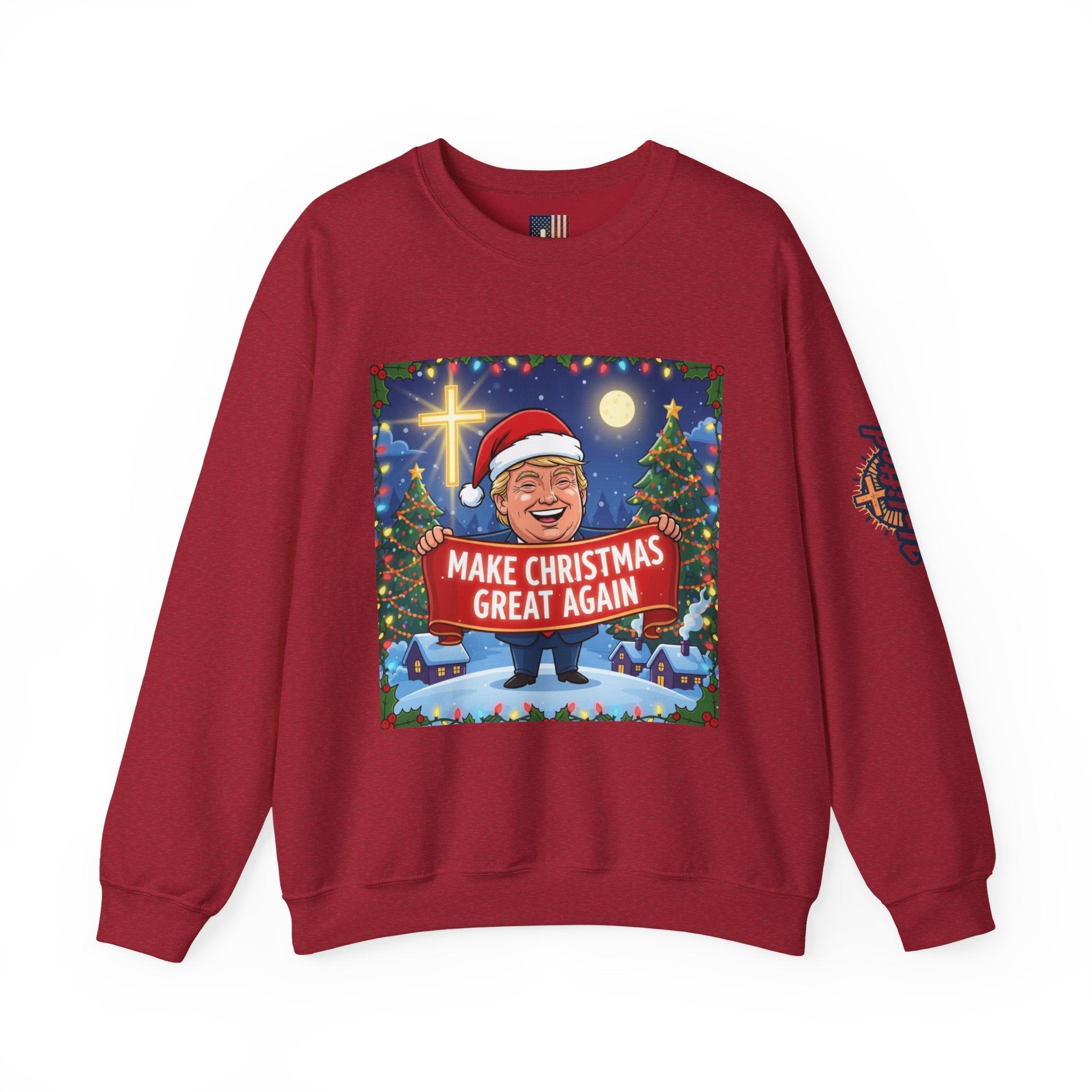 🎄 Make Christmas Great Again – Patriotic Christian Christmas Sweatshirt | Bold Holiday Faith Tee | Red & White Banner Design | Uplifted Gear Printify