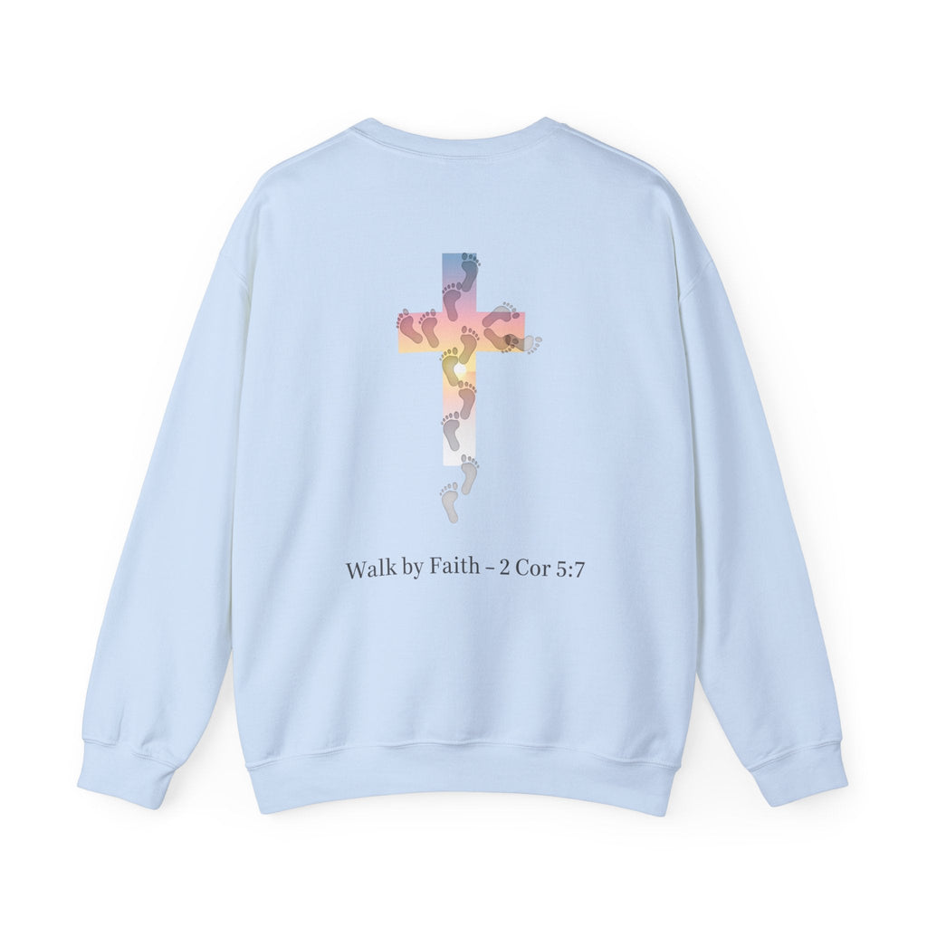 Walk by Faith Sweatshirt – Cross & Footprints Christian Sweatshirt for Cozy Inspiration Printify
