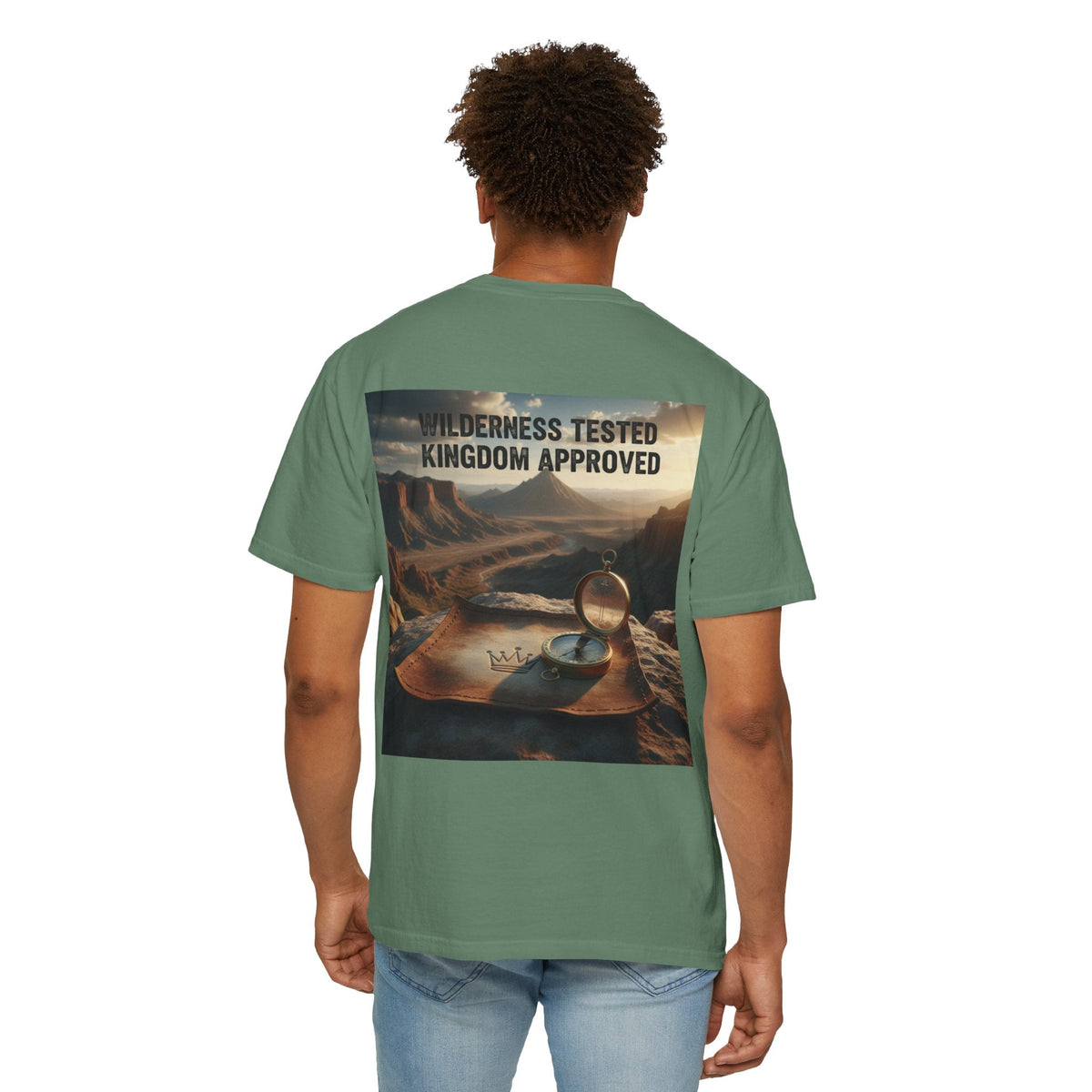 Wilderness Tested Kingdom Approved T-shirt – Mountain Desert Compass Crown Christian T-shirt for Biblical Adventure Faith Printify