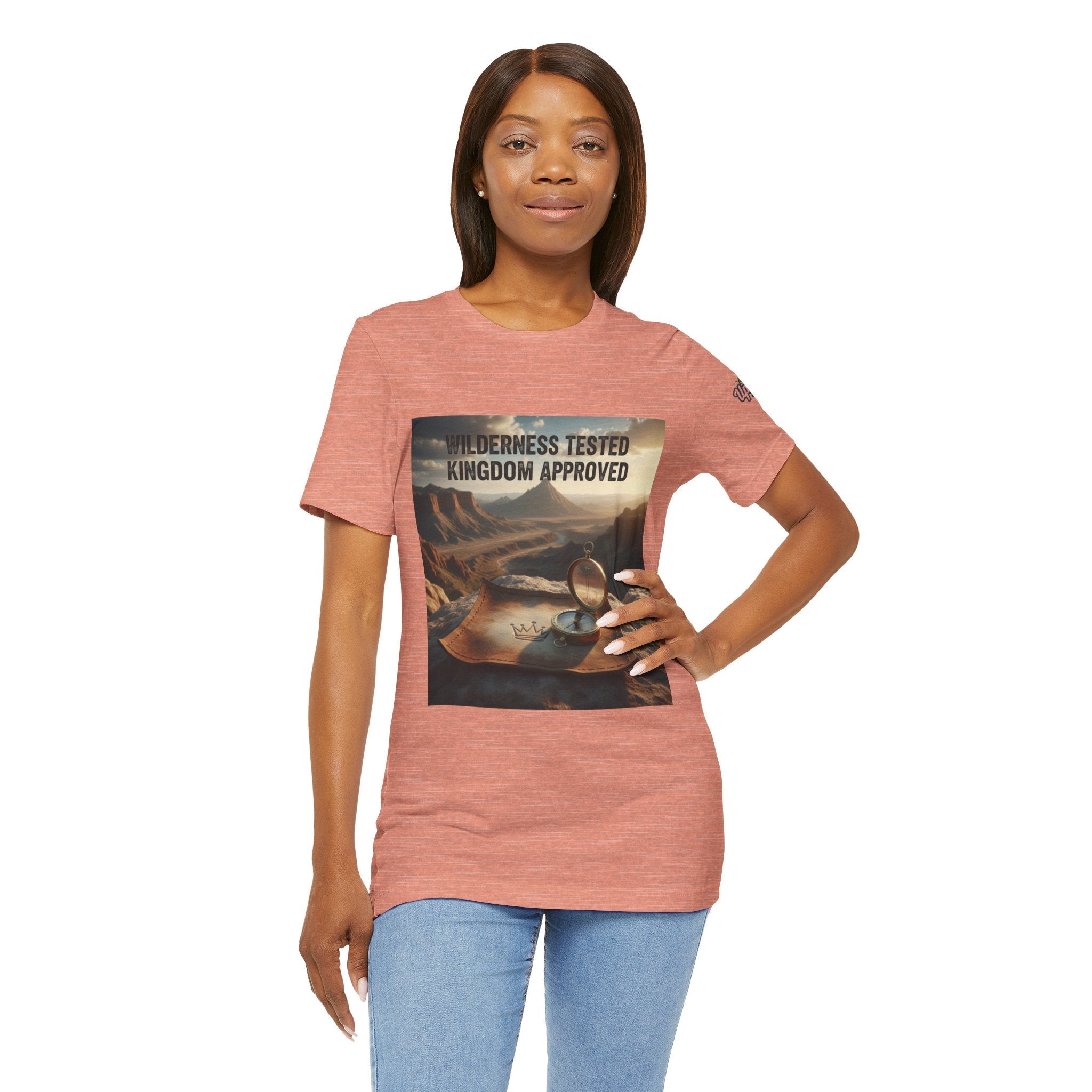 Wilderness Tested Kingdom Approved T-shirt – Mountain Desert Compass Crown Christian T-shirt for Biblical Adventure Faith Printify