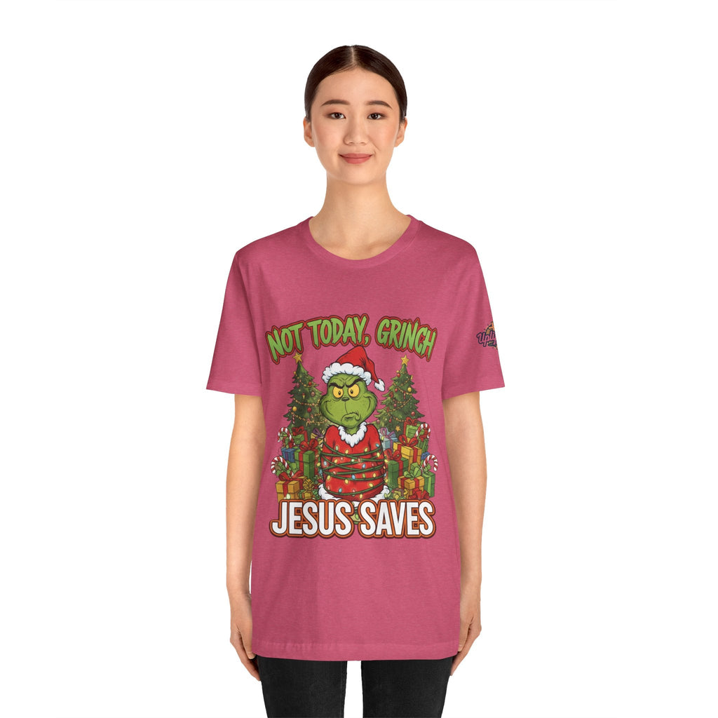 🎄 Not Today, Grinch – Jesus Saves | Funny Christian Christmas T-Shirt | Sulking Grinch & Glowing Cross | Bold Neon Faith Tee by Uplifted Gear Printify