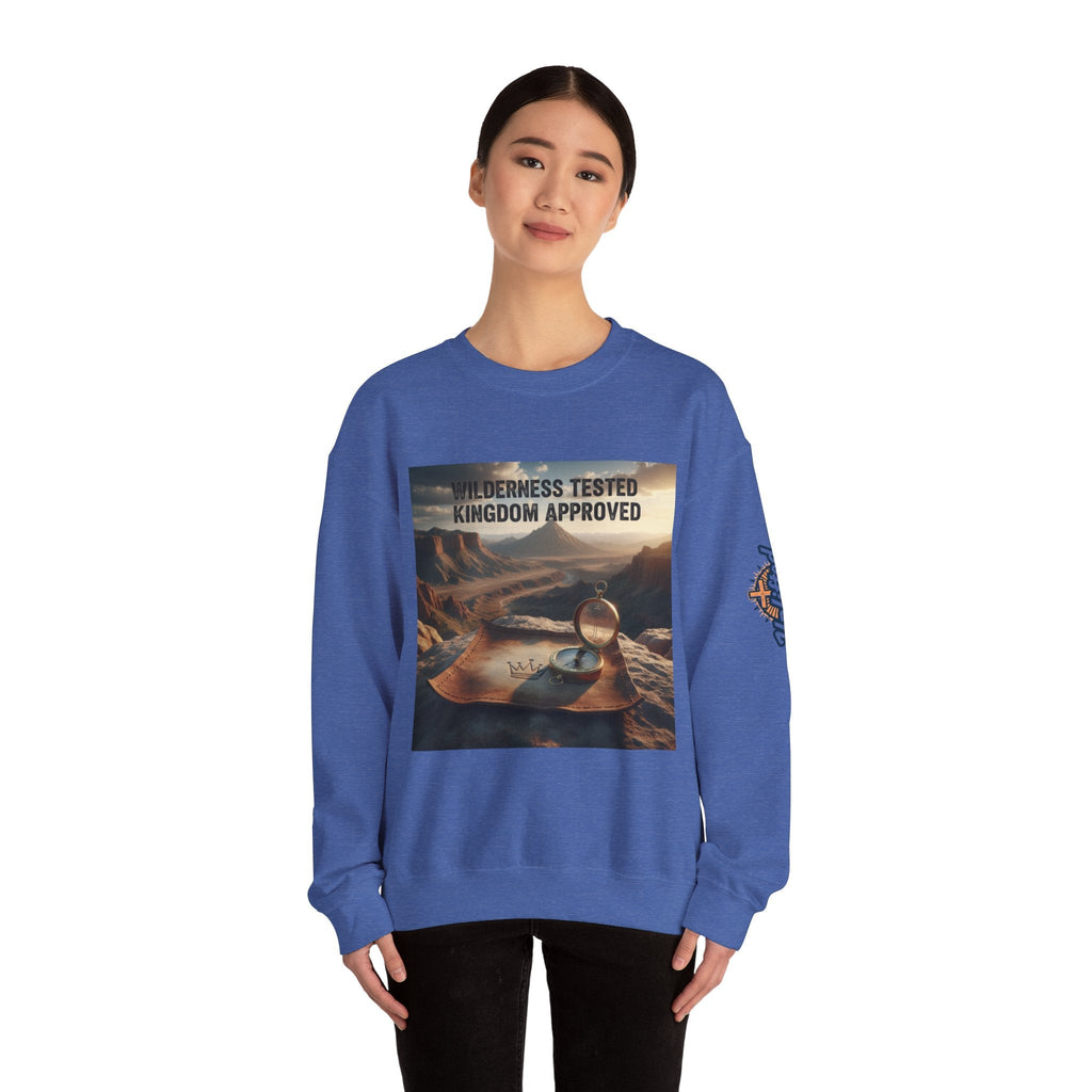 Wilderness Tested Kingdom Approved Sweatshirt – Mountain Desert Compass Crown Christian Sweatshirt for Biblical Adventure Faith Printify