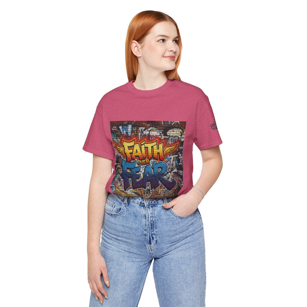 Faith Over Fear T-shirt – Graffiti Wall Christian T-shirt for Bold 2 Corinthians 5:7 Streetwear & Unshakable Faith Printify