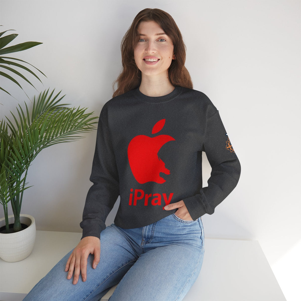 iPray Apple Logo Sweatshirt — Funny Christian Sweatshirt (Minimal Red Apple Graphic) Printify