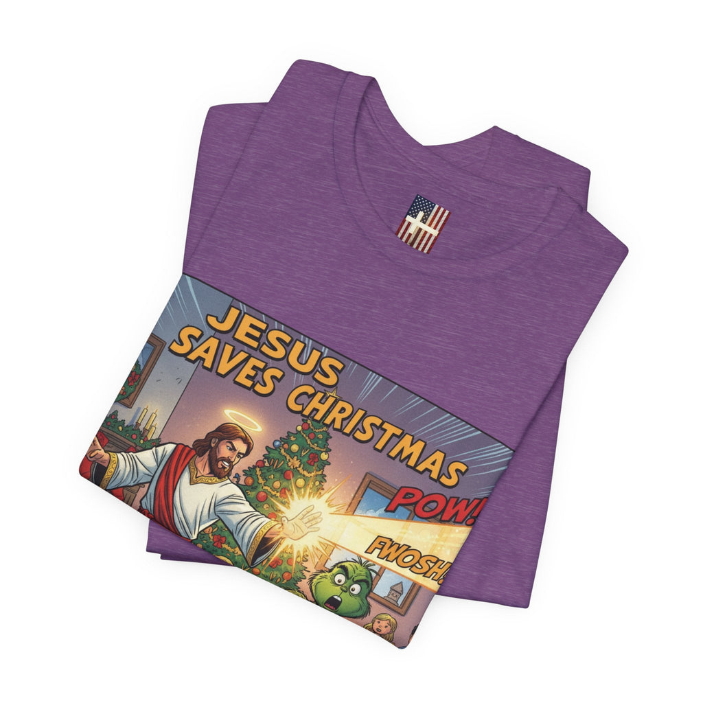 Jesus Saves Christmas T-shirt – Grinch vs Savior Light Battle Christian T-shirt for Hilarious Holiday Faith & True Joy Printify