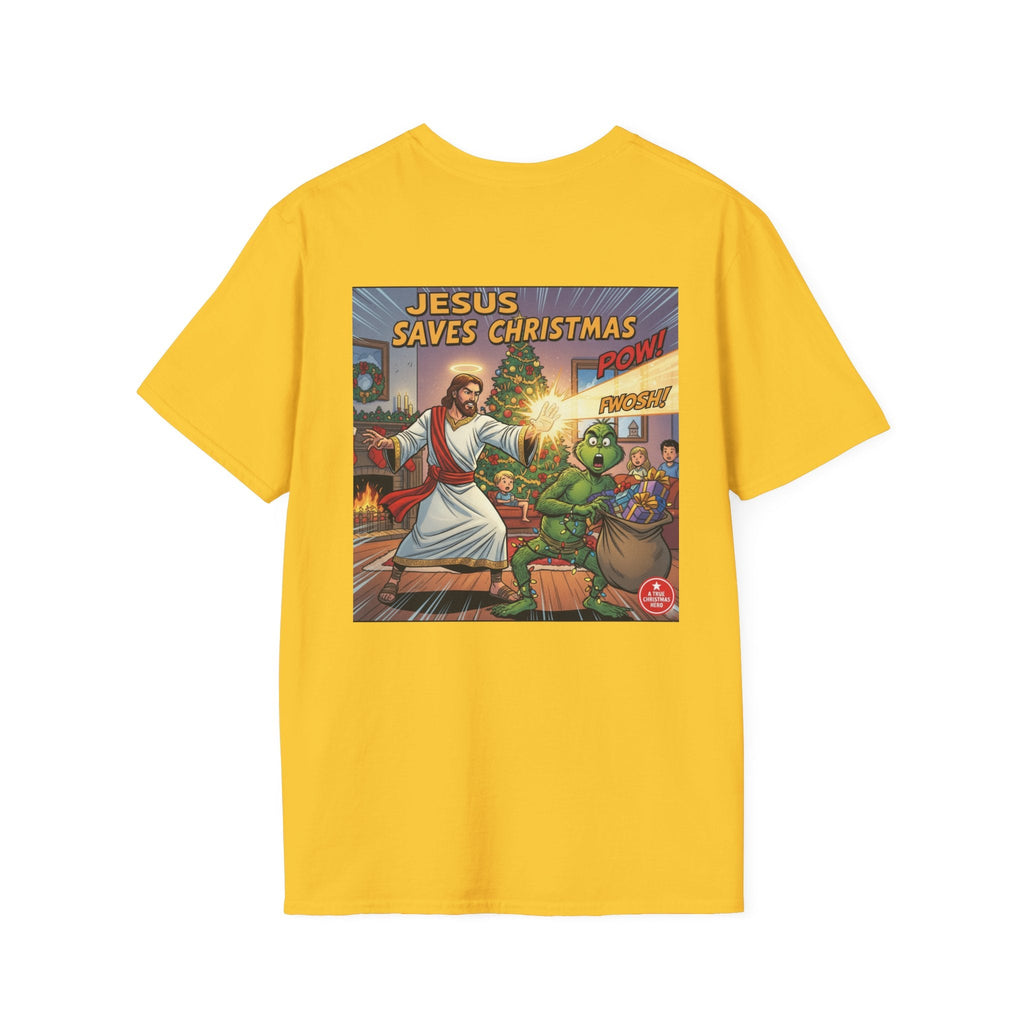 Jesus Saves Christmas T-shirt – Grinch vs Savior Light Battle Christian T-shirt for Hilarious Holiday Faith & True Joy Printify