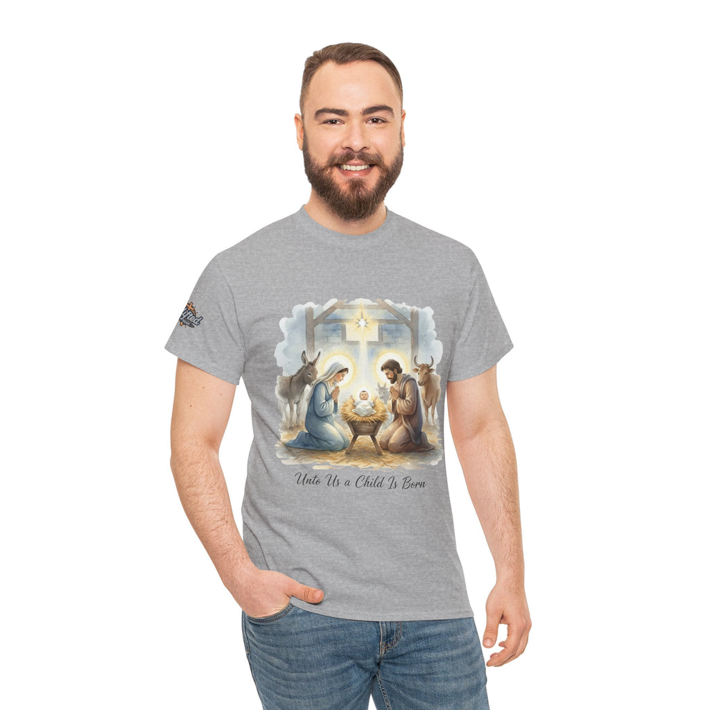 Unto Us a Child is Born T-shirt – Isaiah 9:6 Nativity Manger Scene Christian Christmas T-shirt for Holy Night Faith Printify