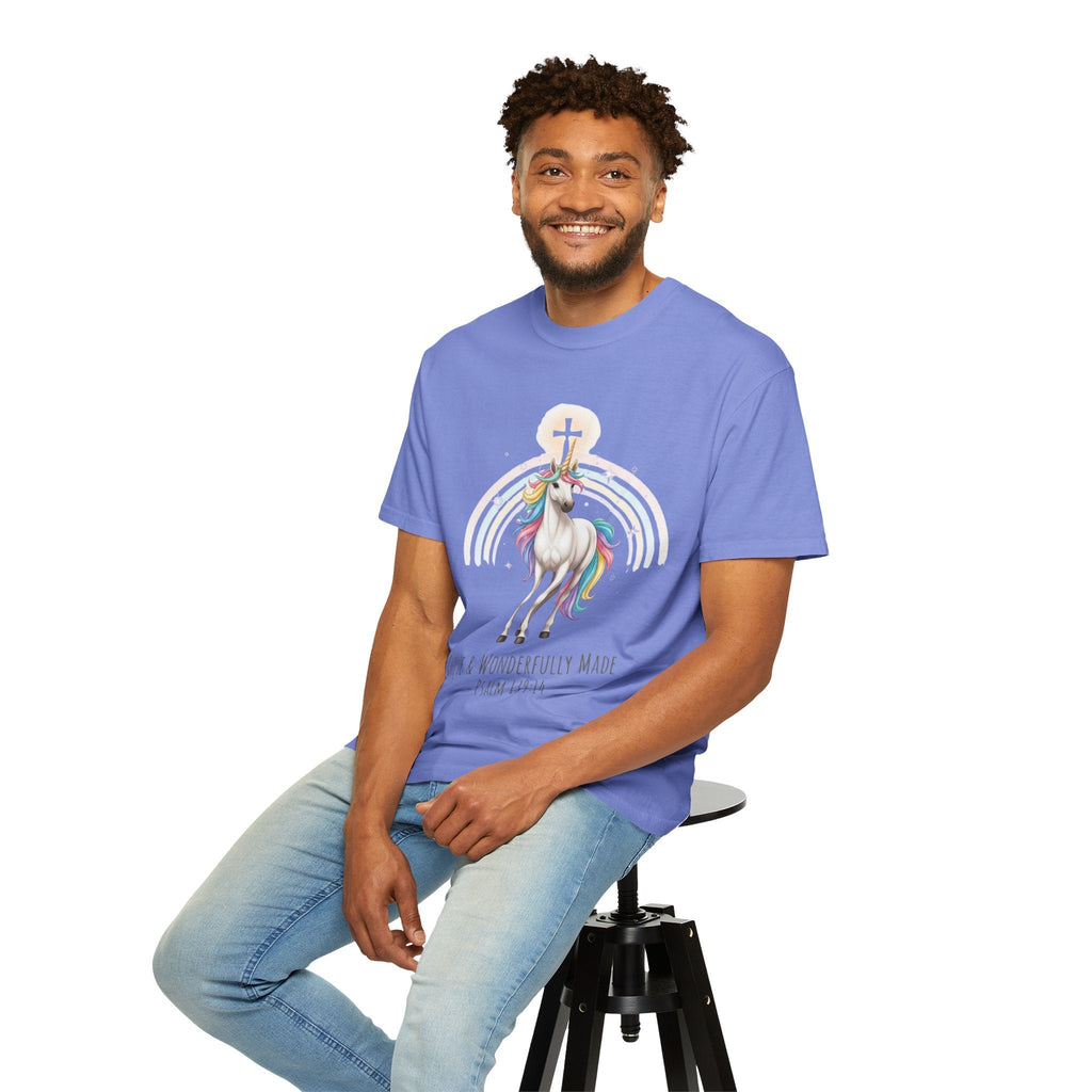 Unique Unicorn Christian T-Shirt – Wonderfully Made with Rainbow Cross & Psalm 139:14 Printify
