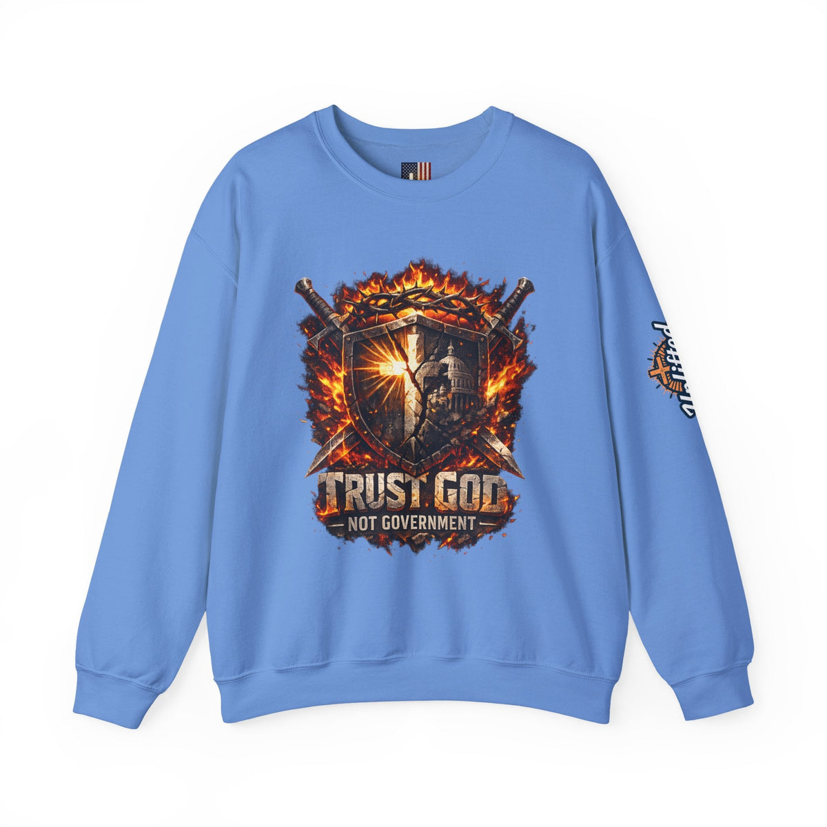 Trust God Not Government Shield Sweatshirt — Patriotic Christian Faith Sweatshirt Printify
