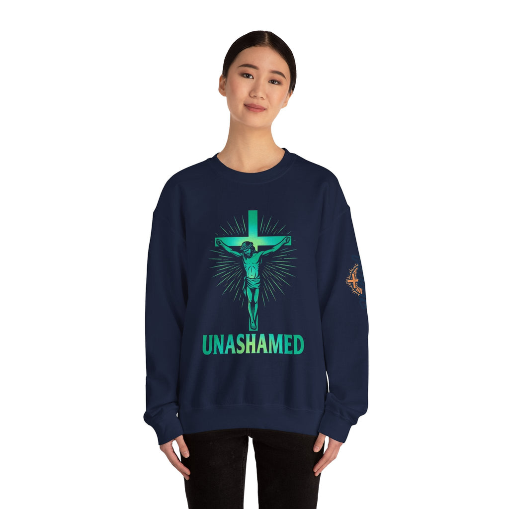 Unashamed Sweatshirt – Romans 1:16 Crucifixion Christian Sweatshirt for Bold Unwavering Faith Printify