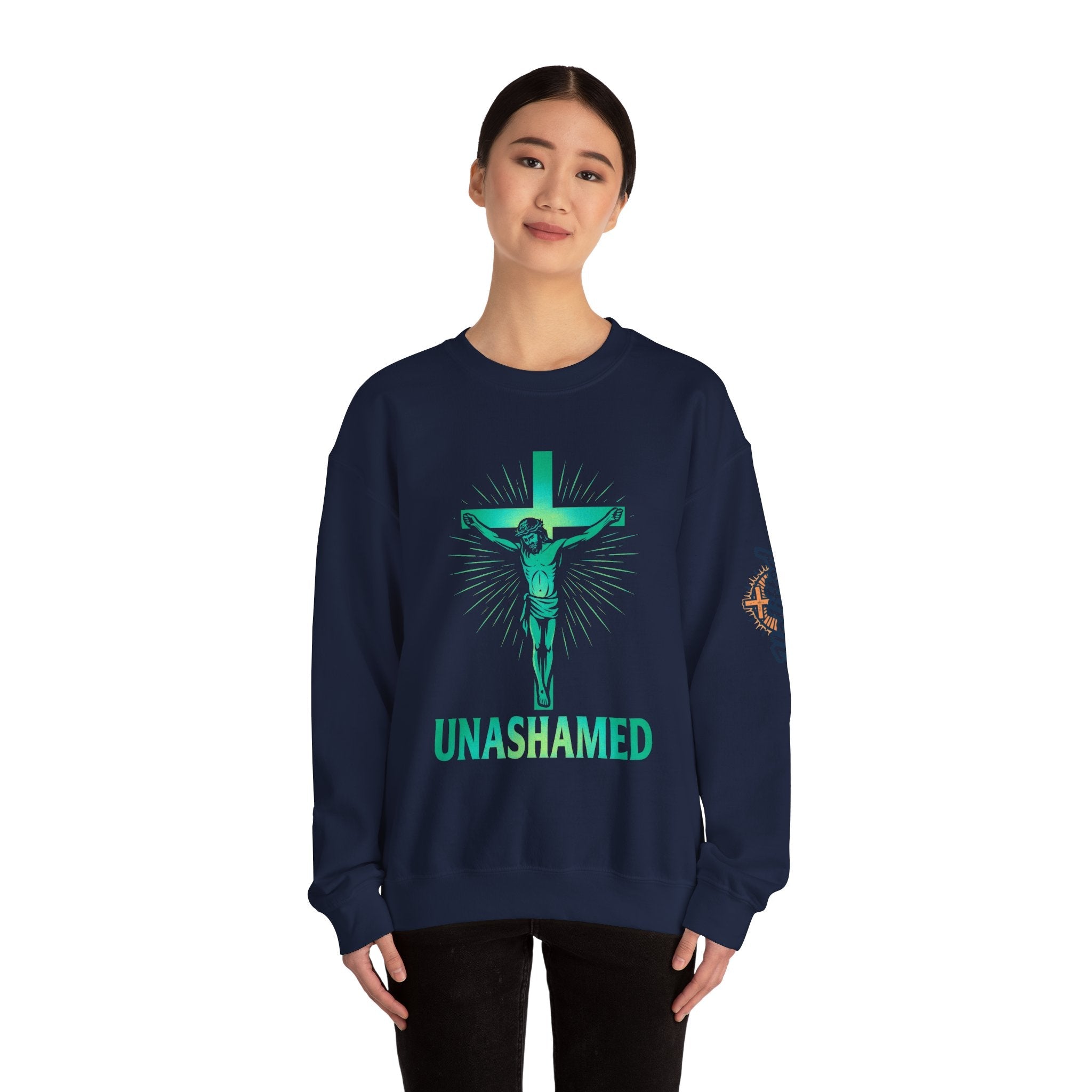Unashamed Sweatshirt – Romans 1:16 Crucifixion Christian Sweatshirt for Bold Unwavering Faith Printify