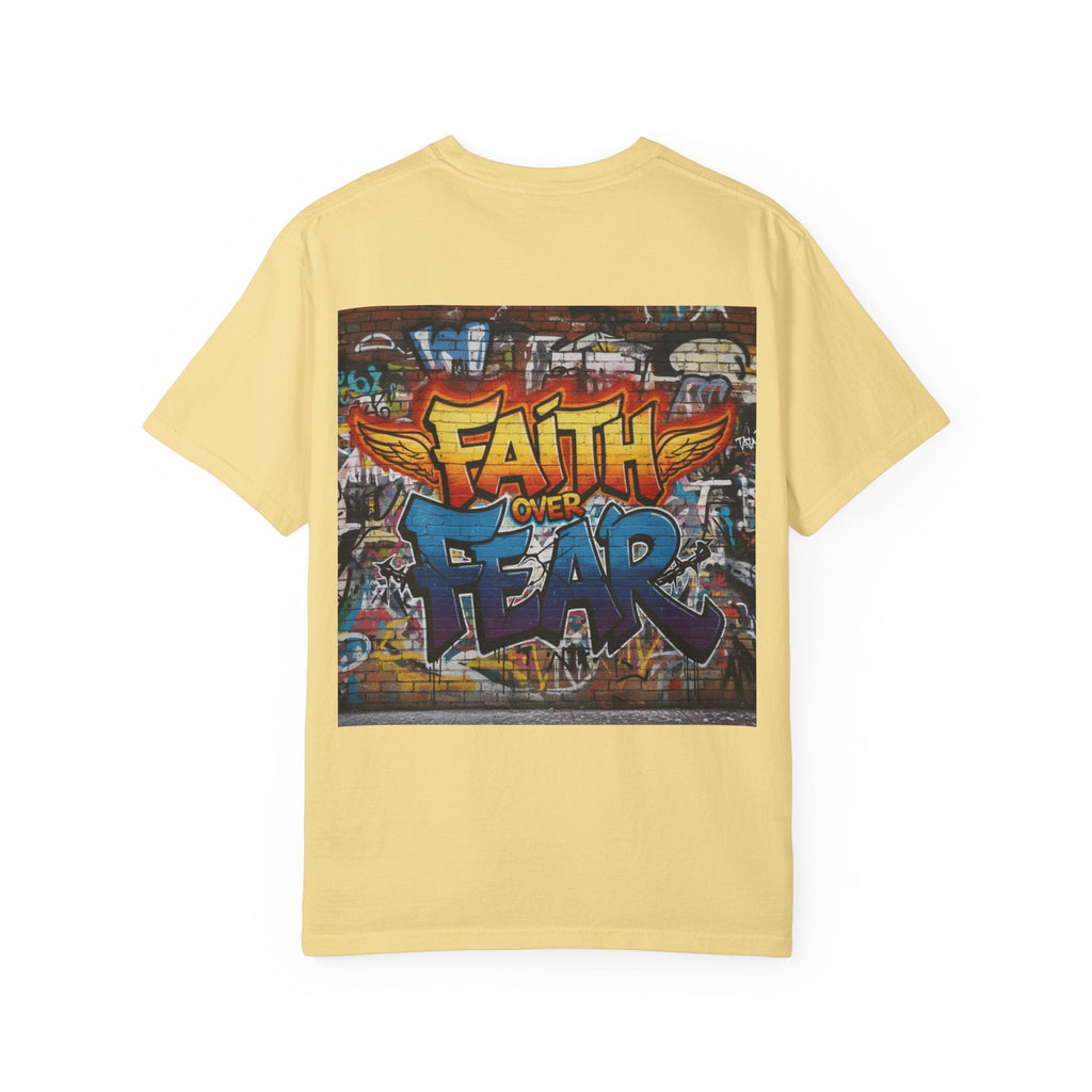 Faith Over Fear T-shirt – Graffiti Wall Christian T-shirt for Bold 2 Corinthians 5:7 Streetwear & Unshakable Faith Printify
