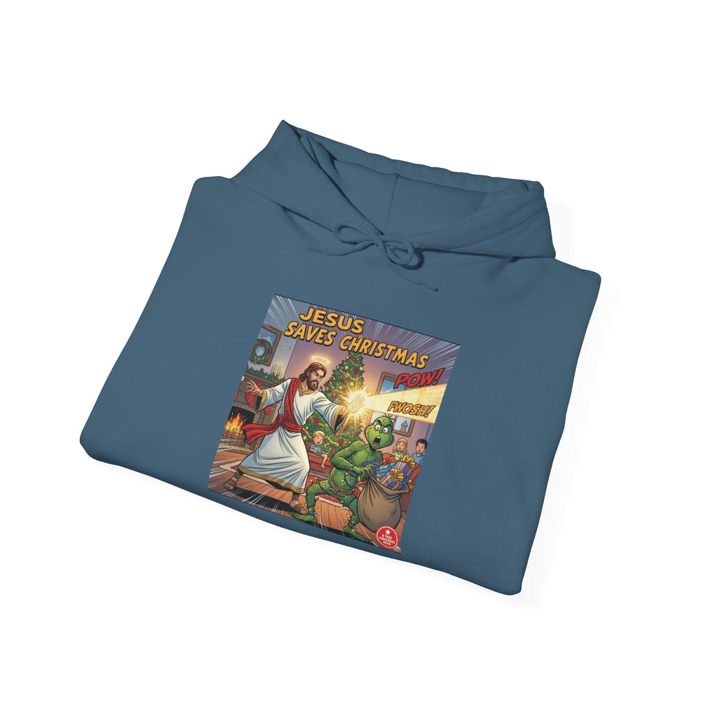 Jesus Saves Christmas Hoodie – Grinch vs Savior Light Battle Christian Sweatshirt for Hilarious Holiday Faith & True Joy Printify
