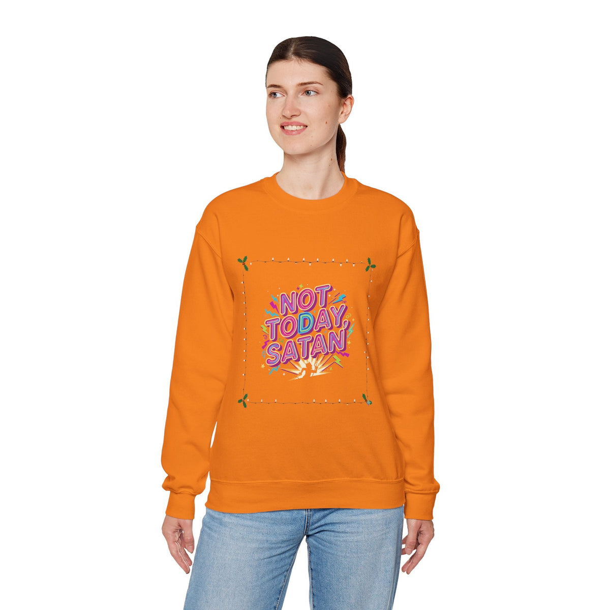 🔥 Not Today, Satan – Retro 90s Christian Sweatshirt | Neon Faith Tee | Funky Cartoon Devil | Bold Bible Verse Shirt | Uplifted Gear Printify