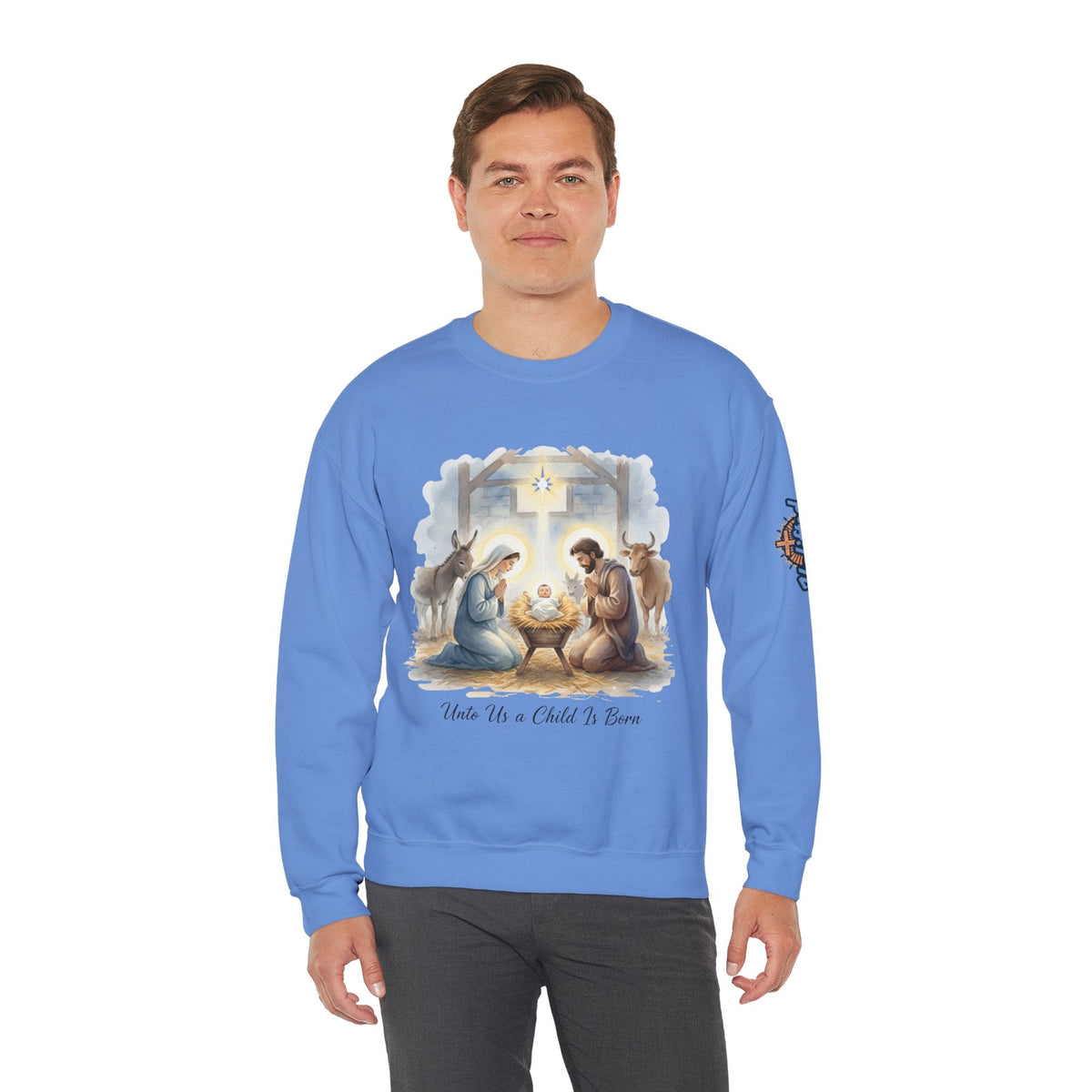Unto Us a Child is Born Sweatshirt – Isaiah 9:6 Nativity Manger Scene Christian Christmas Sweatshirt for Holy Night Faith Printify