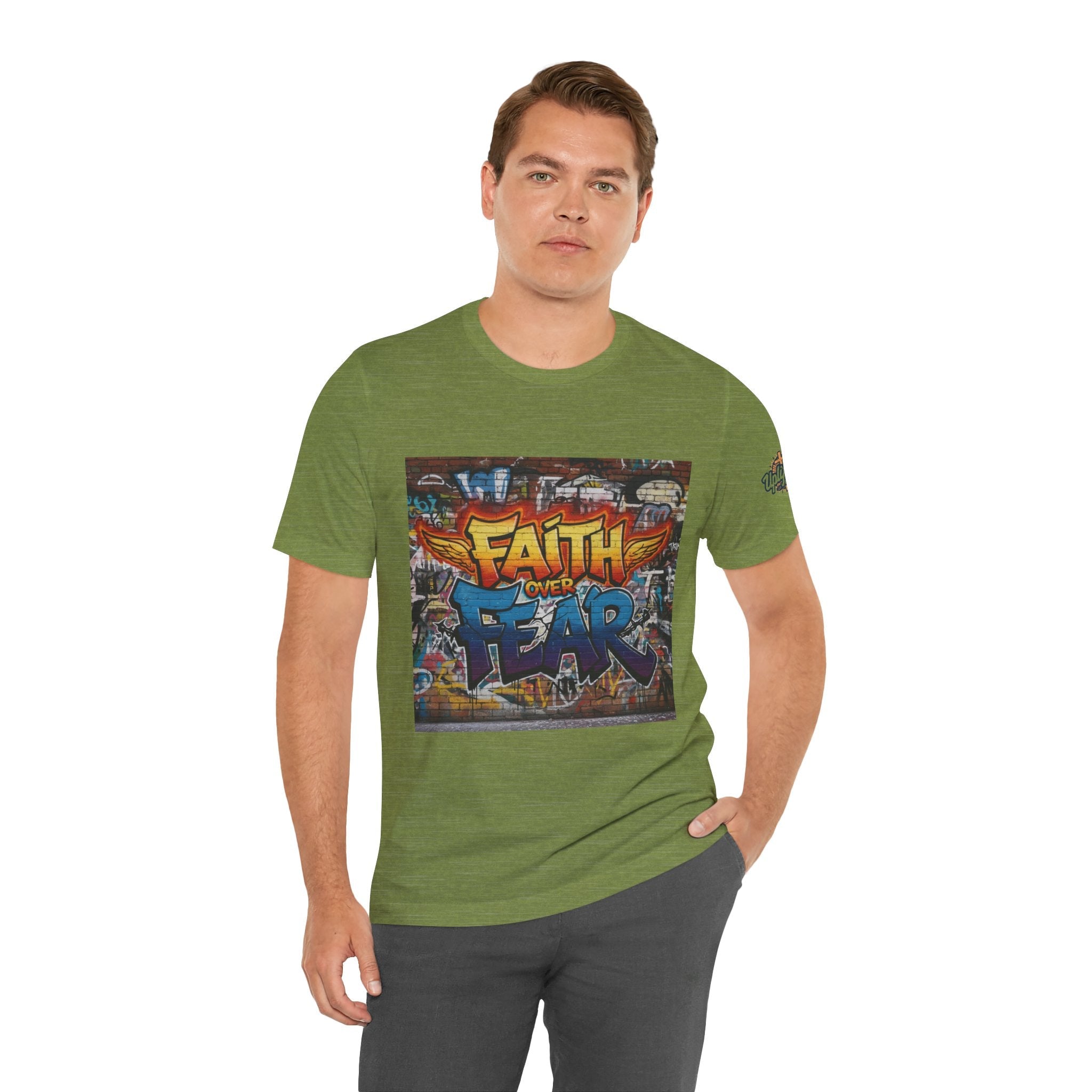 Faith Over Fear T-shirt – Graffiti Wall Christian T-shirt for Bold 2 Corinthians 5:7 Streetwear & Unshakable Faith Printify