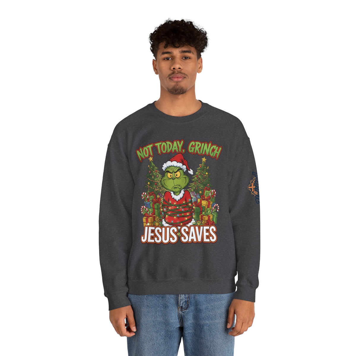 🎄 Not Today, Grinch – Jesus Saves | Funny Christian Christmas Sweatshirt | Sulking Grinch & Glowing Cross | Bold Neon Faith Tee by Uplifted Gear Printify