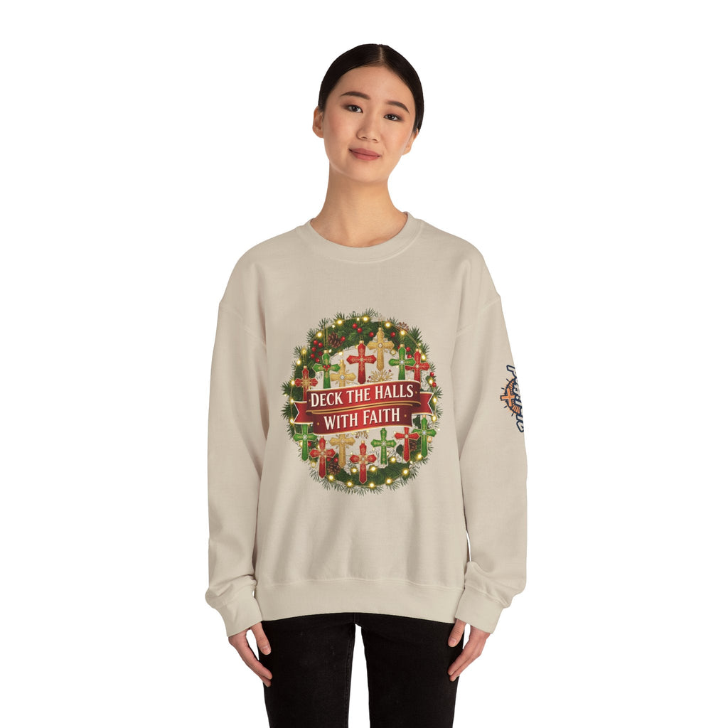 🎄 Deck the Halls with Faith – Christian Christmas Sweatshirt | Cross Ornament Design & Festive Garland | Bold Holiday Faith Tee by Uplifted Gear Printify