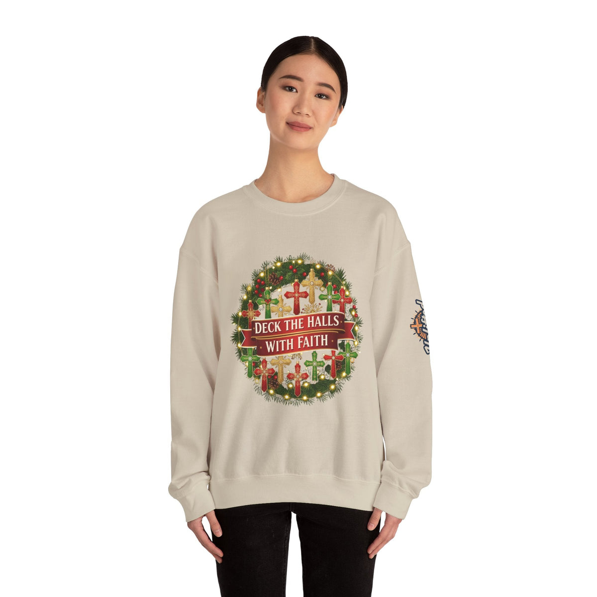 🎄 Deck the Halls with Faith – Christian Christmas Sweatshirt | Cross Ornament Design & Festive Garland | Bold Holiday Faith Tee by Uplifted Gear Printify