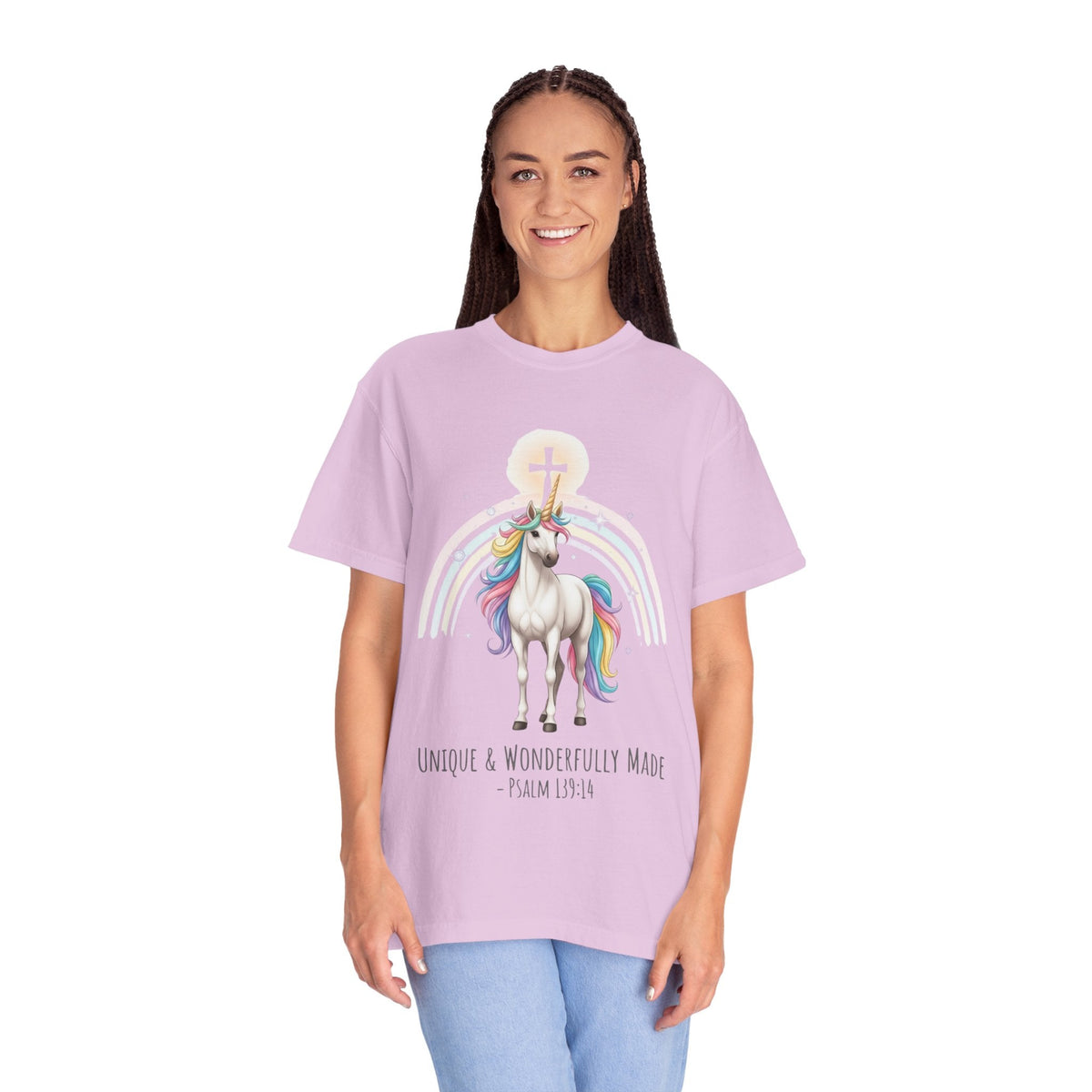 Unique Unicorn Christian T-Shirt – Wonderfully Made with Rainbow Cross & Psalm 139:14 Printify