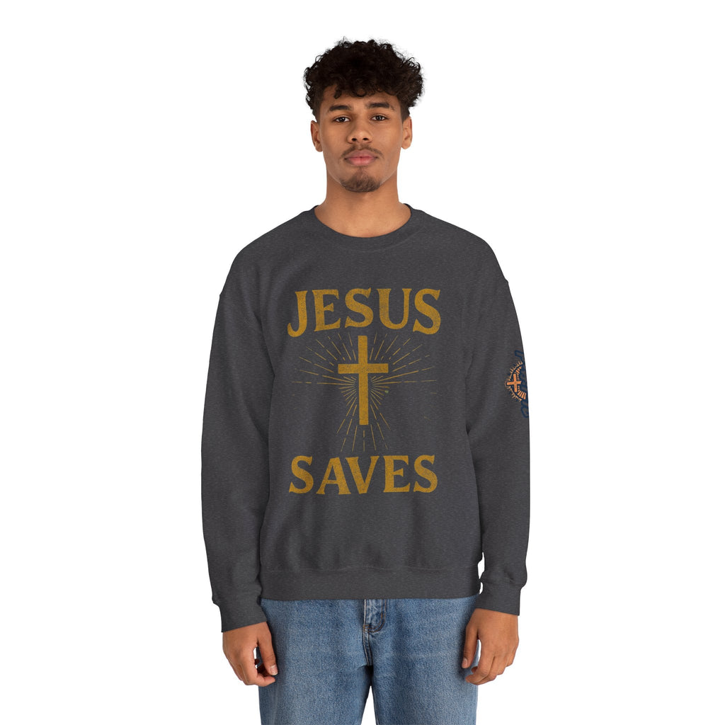 Jesus Saves Sweatshirt – Radiant Cross & Rays of Light Christian Sweatshirt for Eternal Hope & Faith Printify