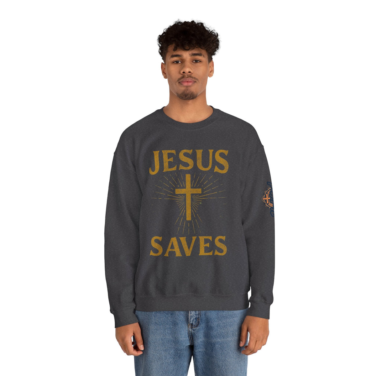Jesus Saves Sweatshirt – Radiant Cross & Rays of Light Christian Sweatshirt for Eternal Hope & Faith Printify