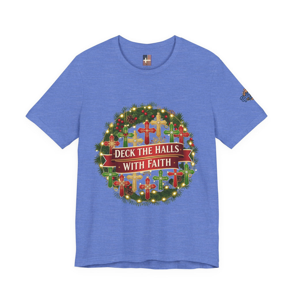 🎄 Deck the Halls with Faith – Christian Christmas T-Shirt | Cross Ornament Design & Festive Garland | Bold Holiday Faith Tee by Uplifted Gear Printify