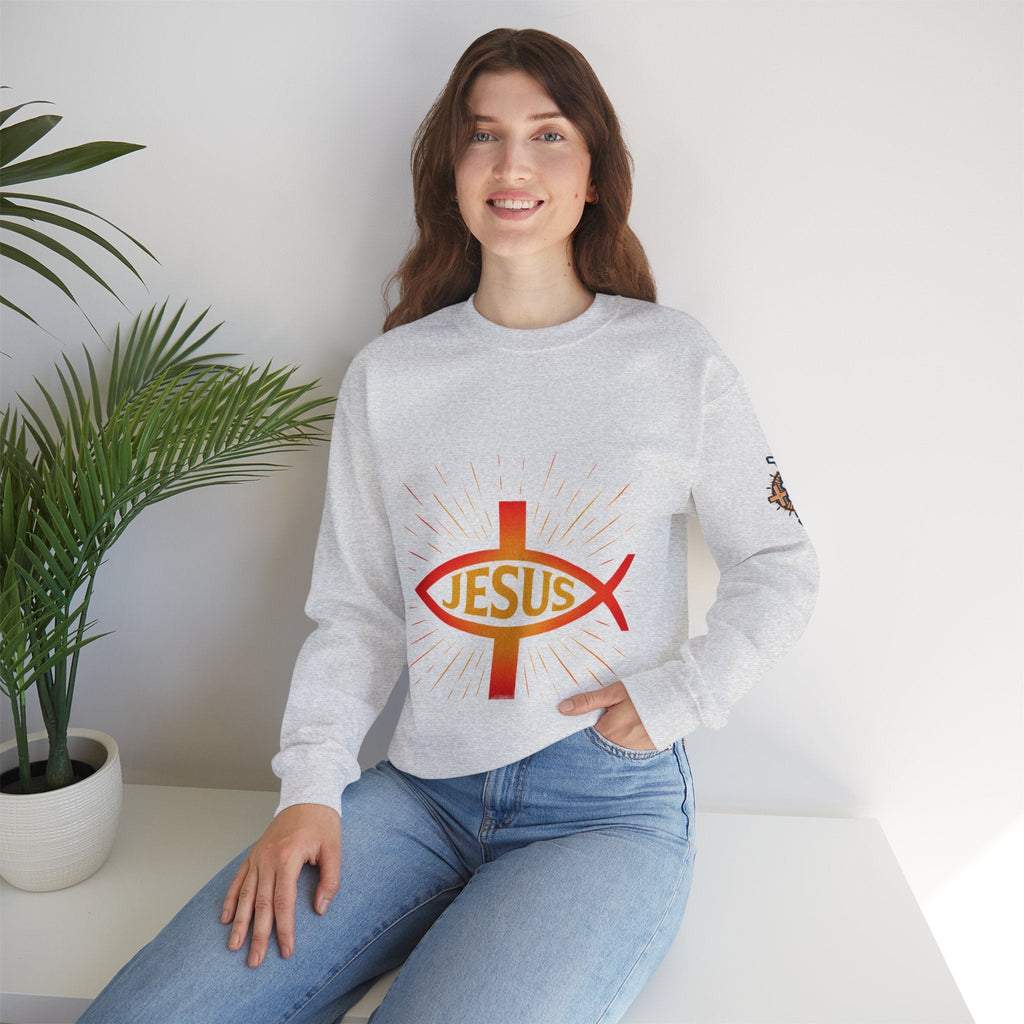 Jesus Ichthys Sweatshirt – Christian Fish Symbol with Cross & Jesus Inscription Sweatshirt for Eternal Faith & Streetwear Printify