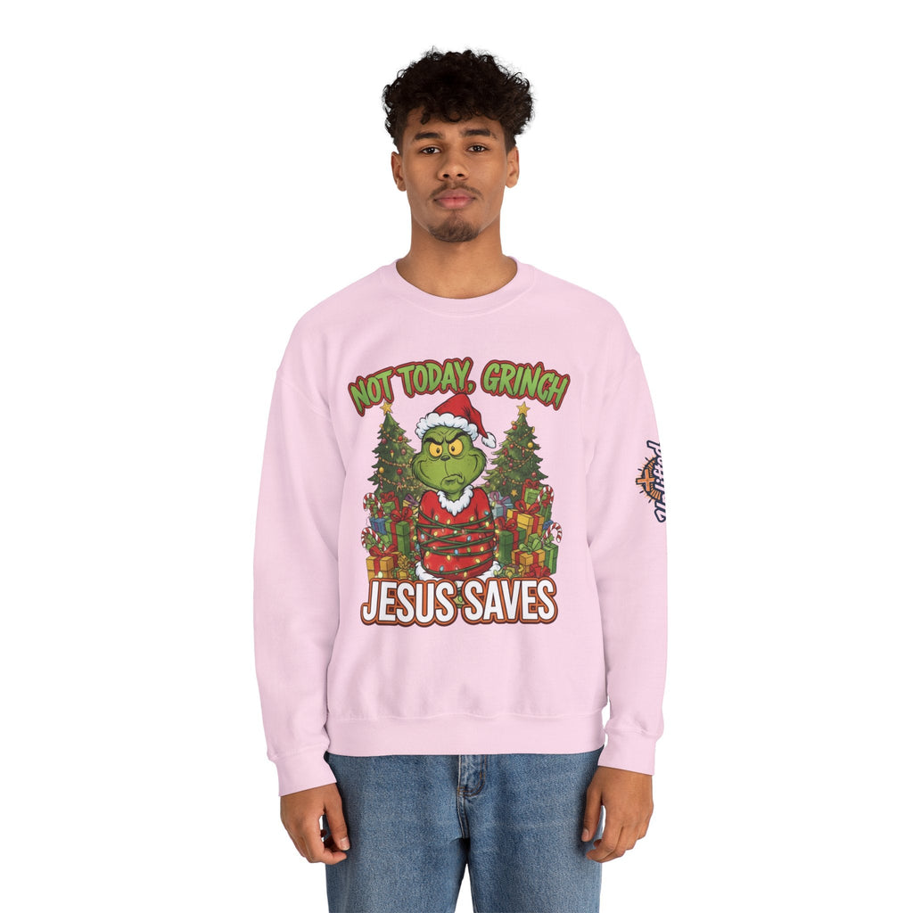 🎄 Not Today, Grinch – Jesus Saves | Funny Christian Christmas Sweatshirt | Sulking Grinch & Glowing Cross | Bold Neon Faith Tee by Uplifted Gear Printify
