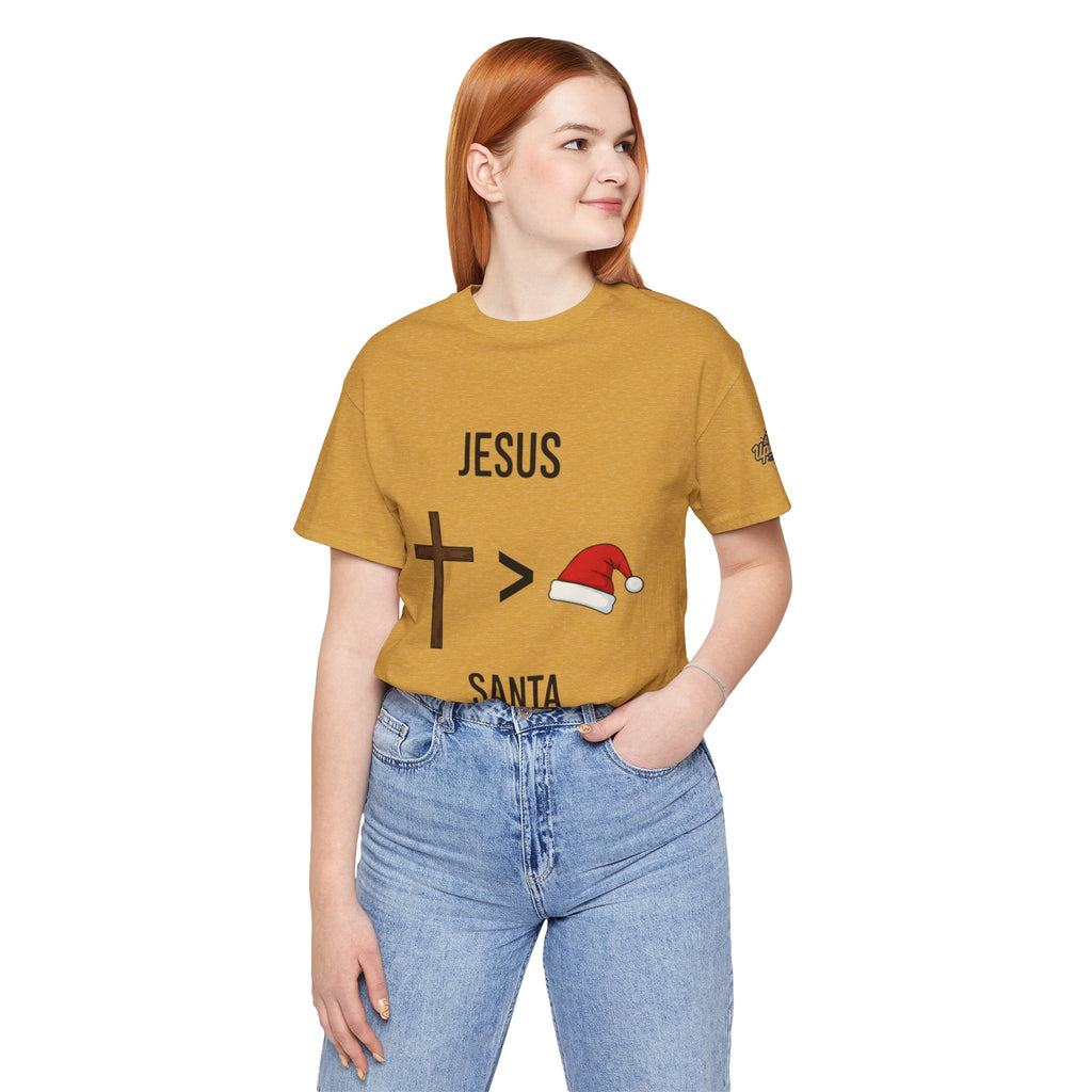 🎄 Jesus > Santa – Minimalist Christian Christmas T-Shirt | Bold Faith Over Holiday Tee | Cross vs Santa Hat Design | Uplifted Gear Printify