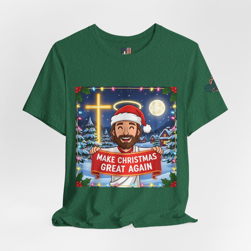🎄 Make Christmas Great Again – Funny Christian T-Shirt | Jesus Holding Banner | Faith-Based Holiday Parody Tee | Uplifted Gear Printify