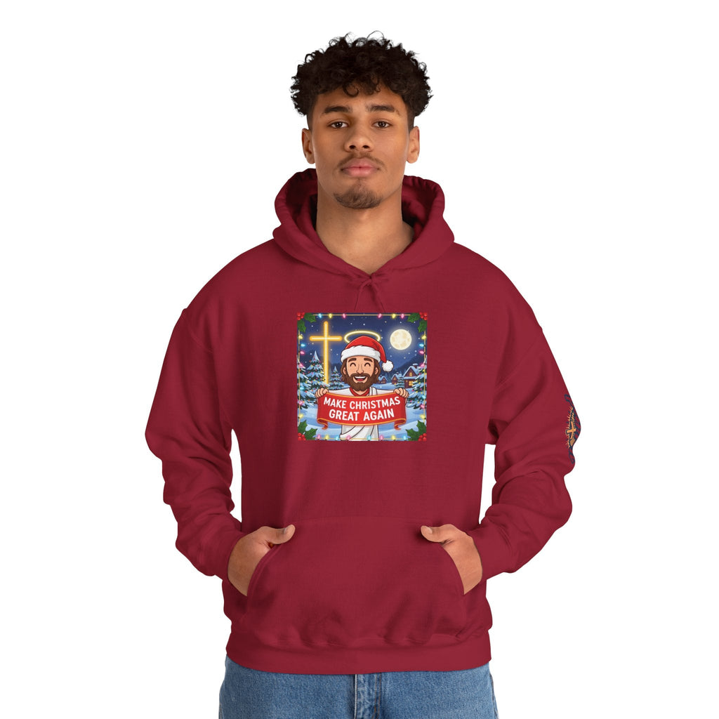 🎄 Make Christmas Great Again – Funny Christian Hoodie | Jesus Holding Banner | Faith-Based Holiday Parody Tee | Uplifted Gear Printify