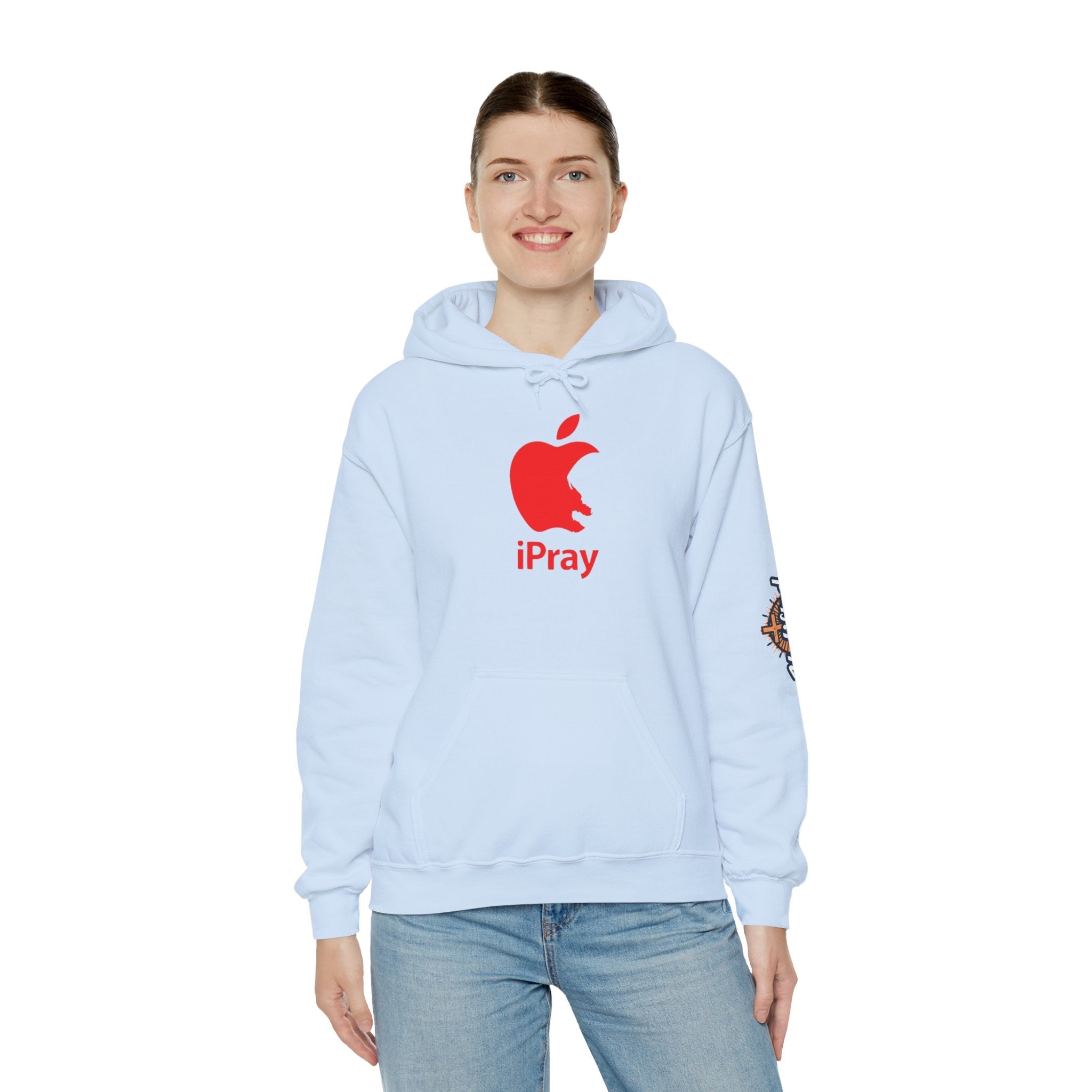 iPray Apple Logo Hoodie — Funny Christian Hoodie (Minimal Red Apple Graphic) Printify
