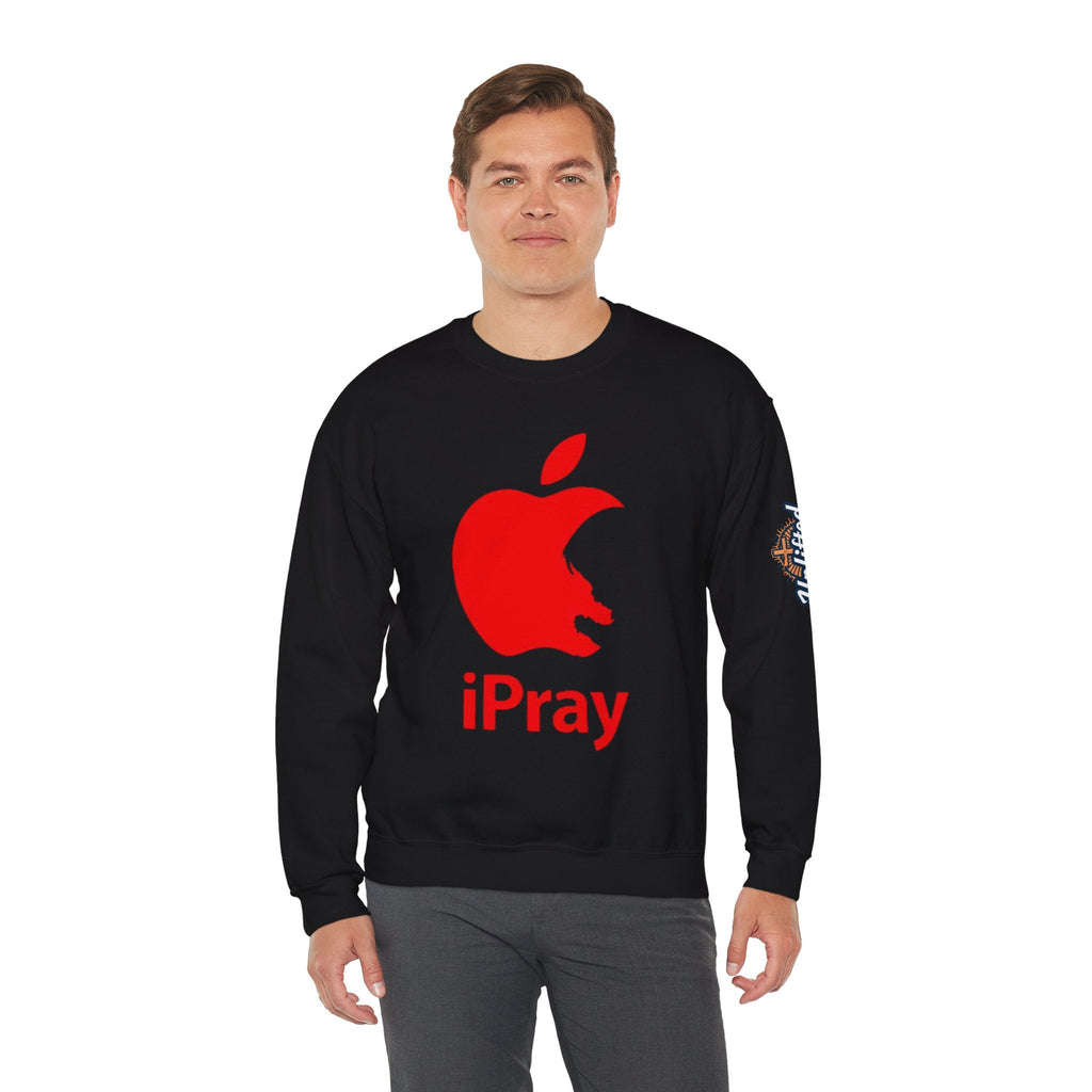 iPray Apple Logo Sweatshirt — Funny Christian Sweatshirt (Minimal Red Apple Graphic) Printify