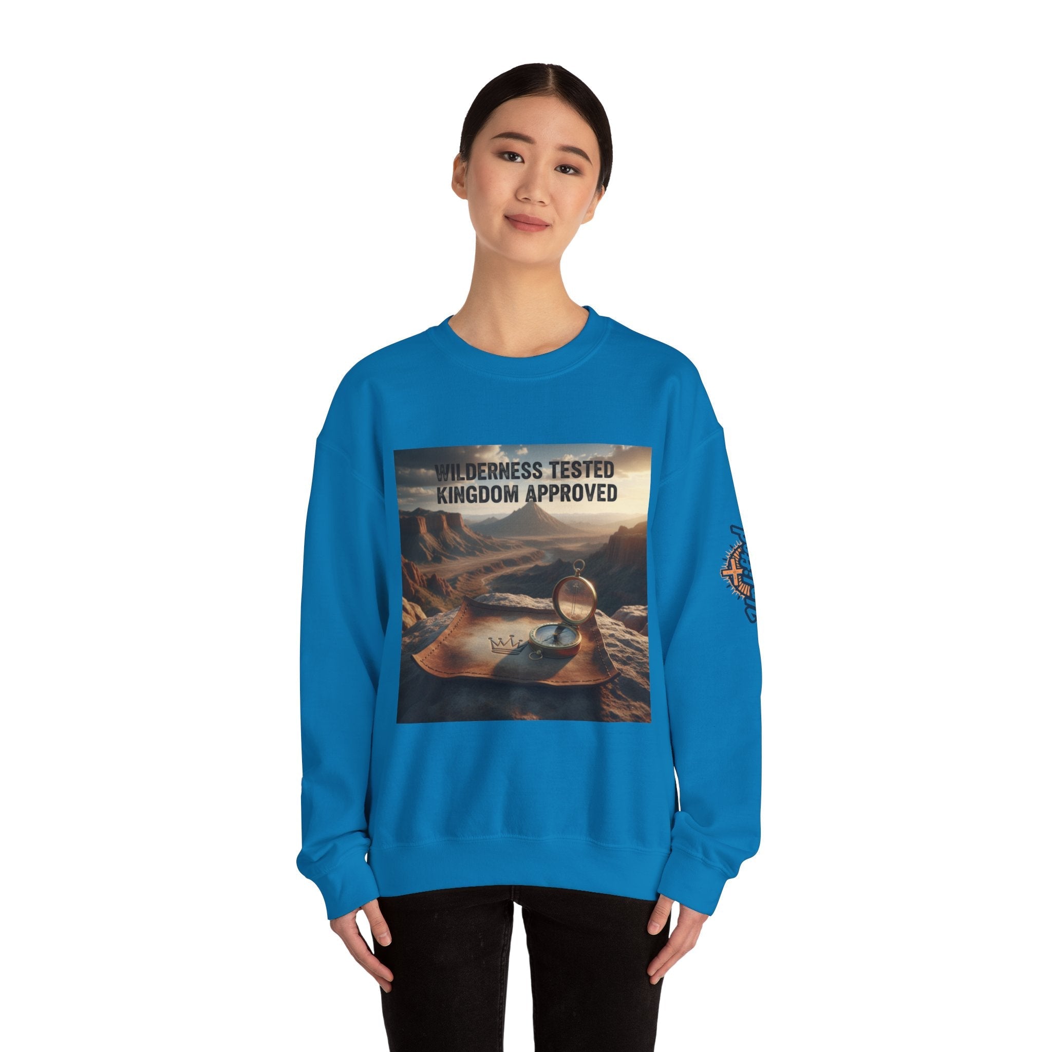 Wilderness Tested Kingdom Approved Sweatshirt – Mountain Desert Compass Crown Christian Sweatshirt for Biblical Adventure Faith Printify