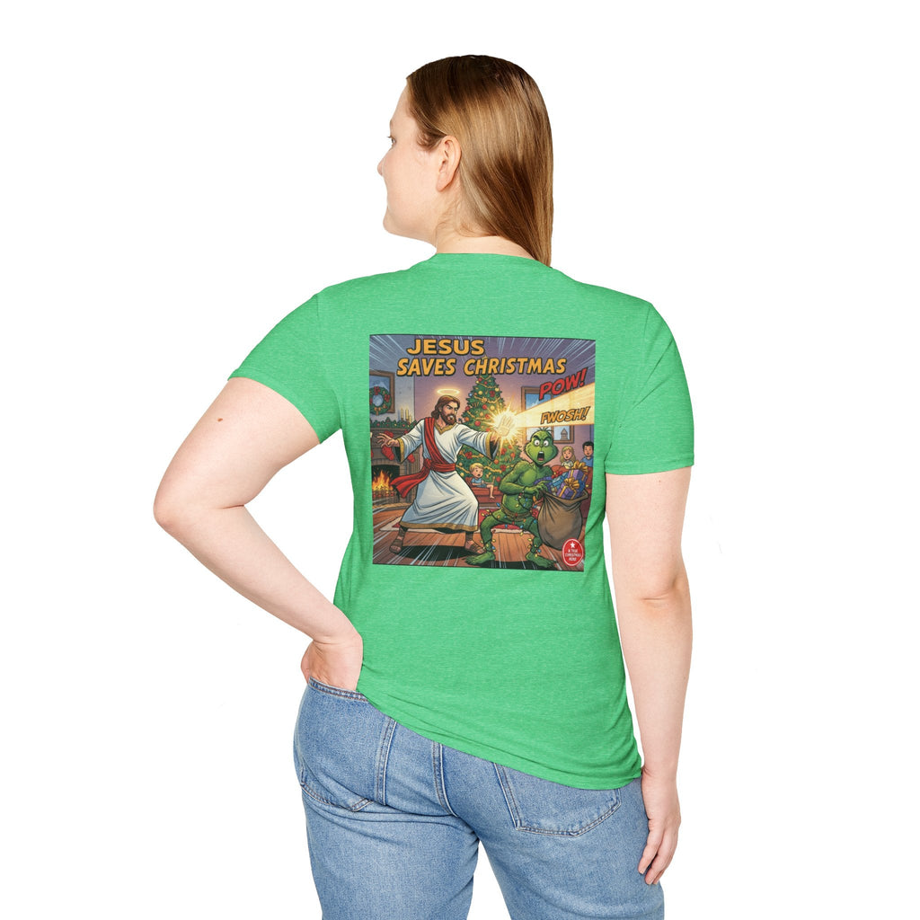 Jesus Saves Christmas T-shirt – Grinch vs Savior Light Battle Christian T-shirt for Hilarious Holiday Faith & True Joy Printify
