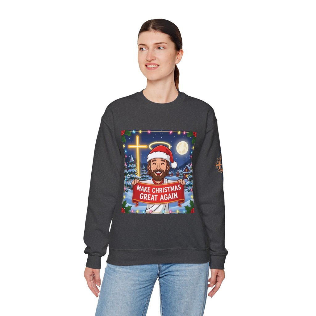 🎄 Make Christmas Great Again – Funny Christian Sweatshirt | Jesus Holding Banner | Faith-Based Holiday Parody Tee | Uplifted Gear Printify